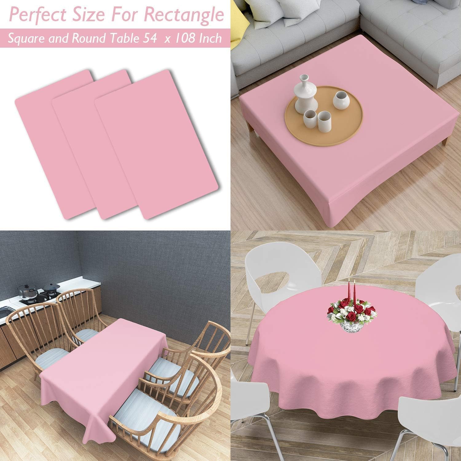 Childom 3 Pack Pink Plastic Tablecloths for Rectangle Tables