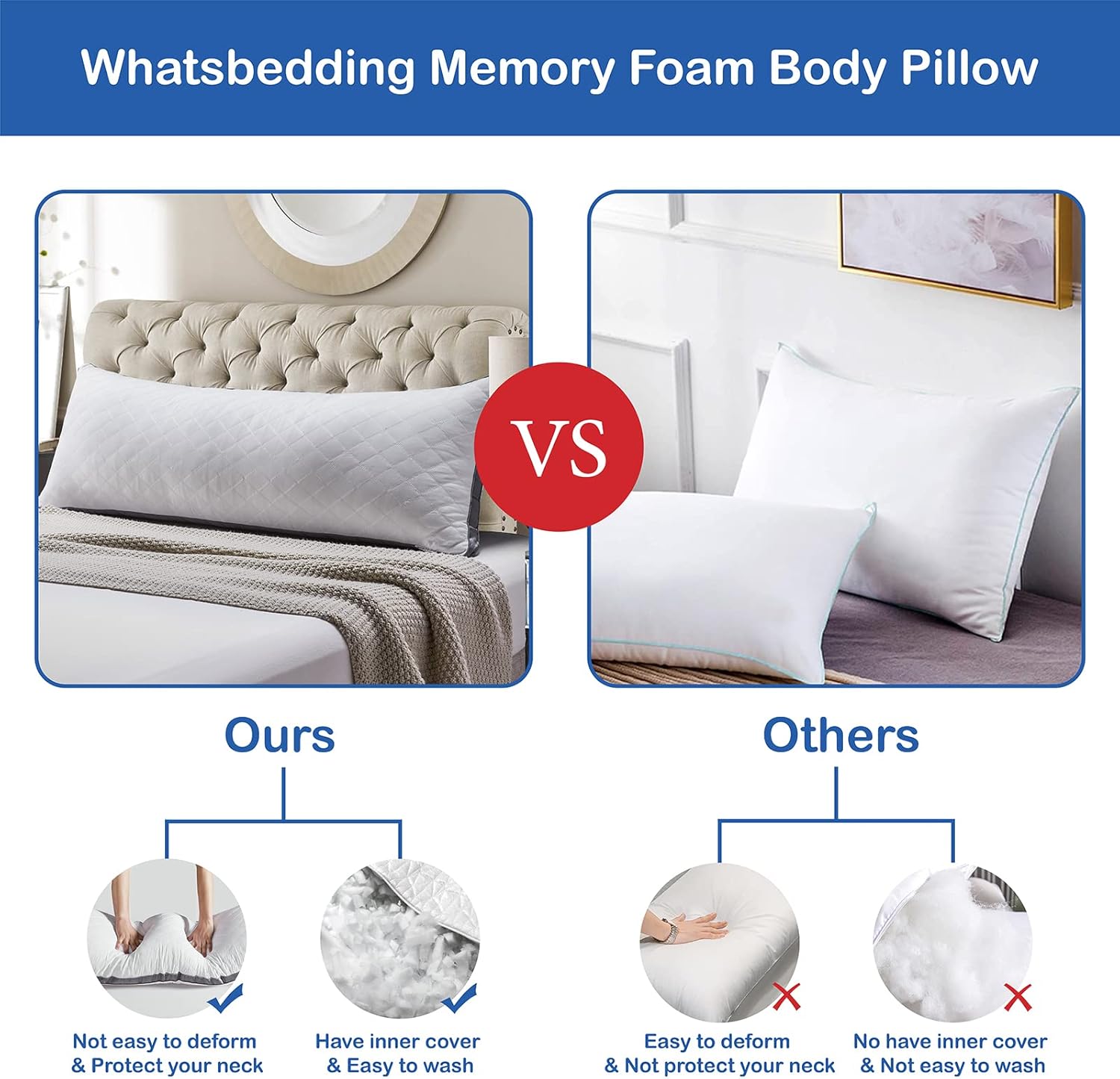 WhatsBedding Memory Foam Body Pillow - 20x54 Inch White