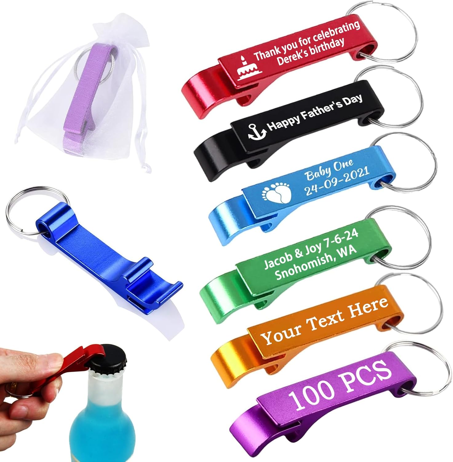 100pcs Personalized Bottle Opener Keychain with Custom Text Logo or Photo