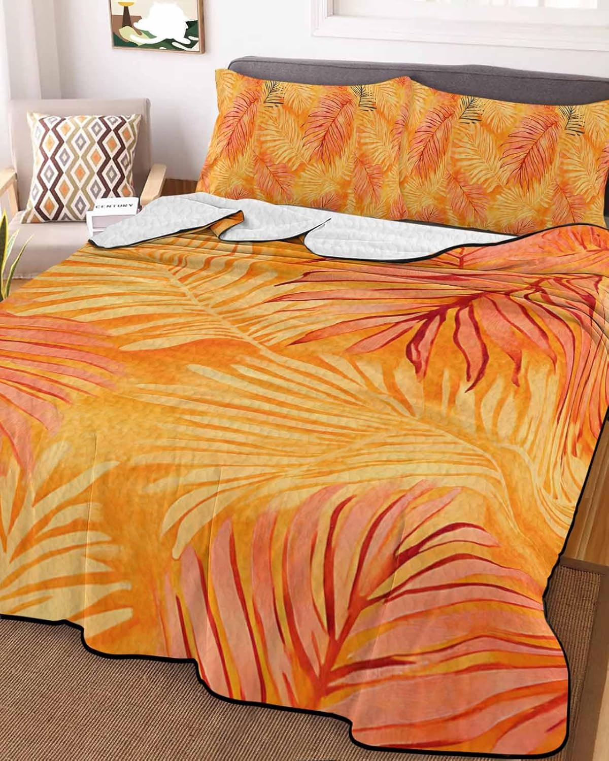 Orange Leaf Tropical Quilt Bedding Set King Size 3 Piece