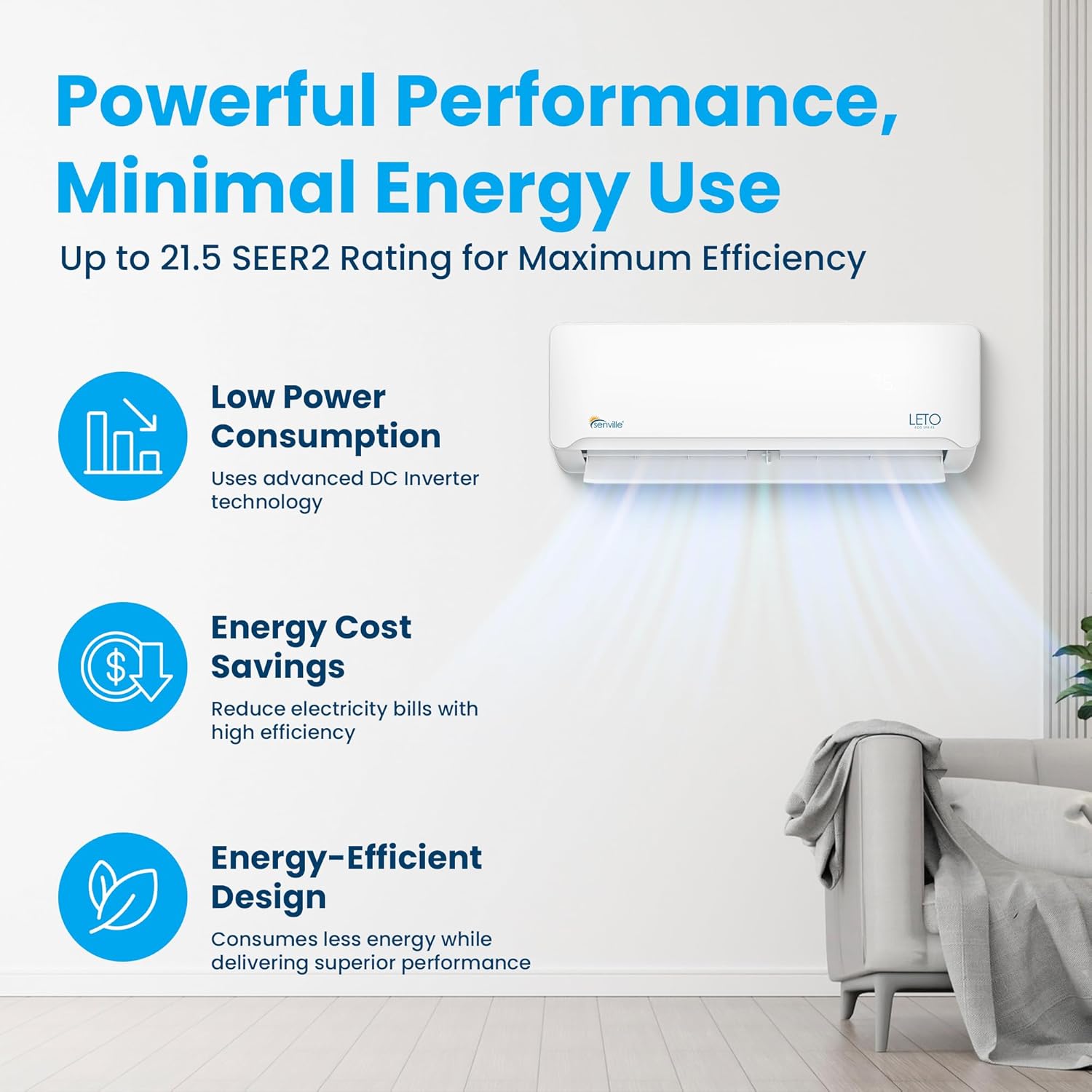 Senville Leto Series Mini Split AC Heat Pump 9000 BTU White