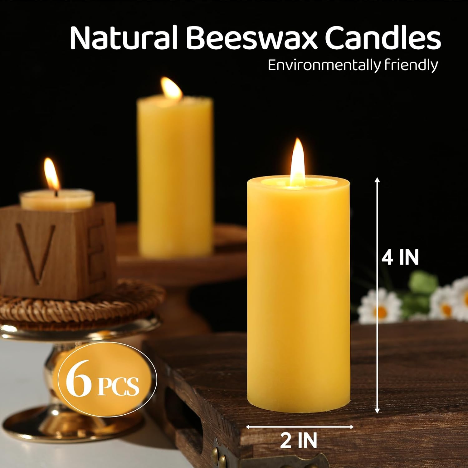 MAKALONE 6 Pack Natural Beeswax Pillar Candles