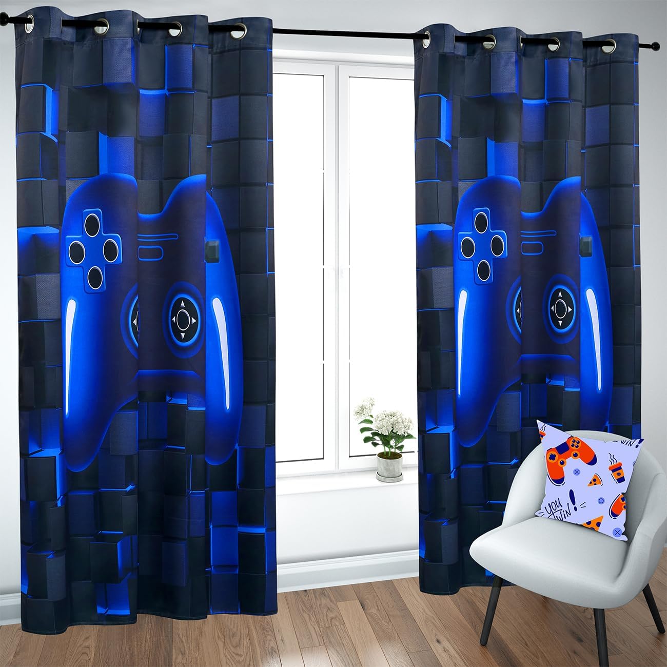 PERFEMET Gamer Curtains 2 Panels Black Blue