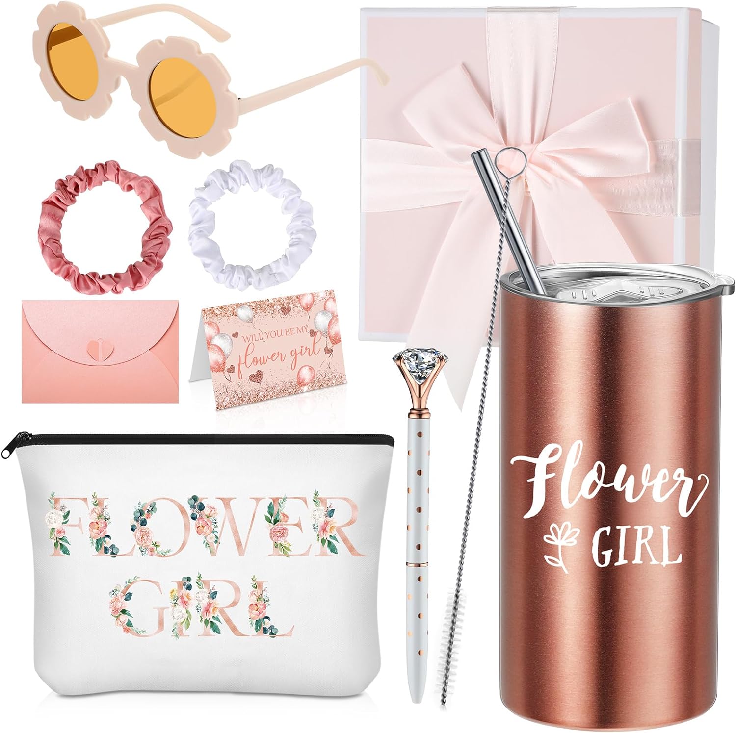 Sieral 9 Pcs Flower Girl Gift Set Pink Retro