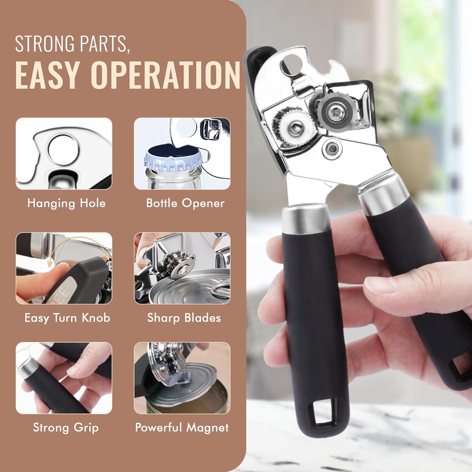 FAREE 3-in-1 Can Opener Manual with Magnet and Bottle Opener