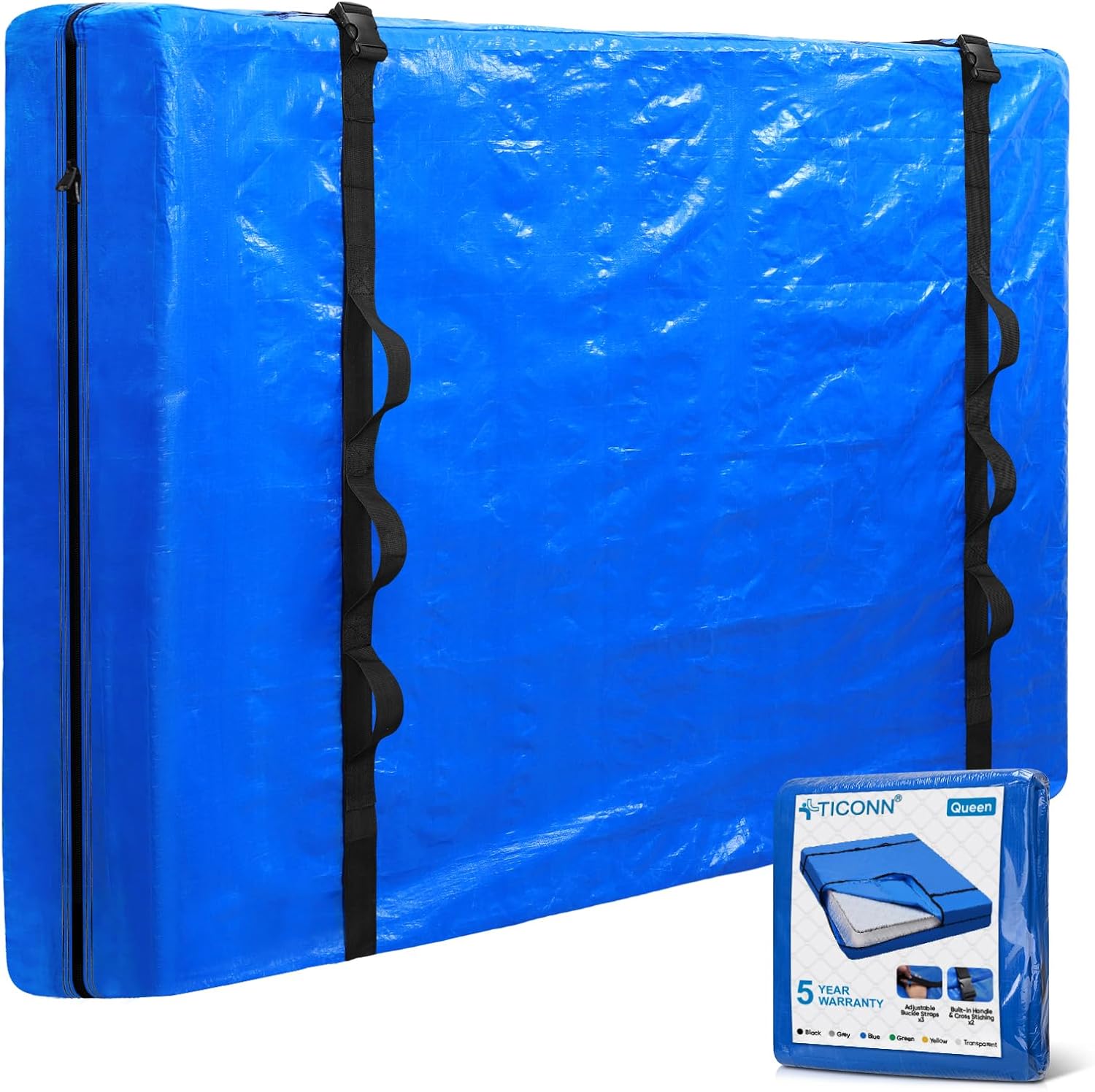 Ticonn Heavy Duty Queen Mattress Cover Bag with Handle and Buckles Blue