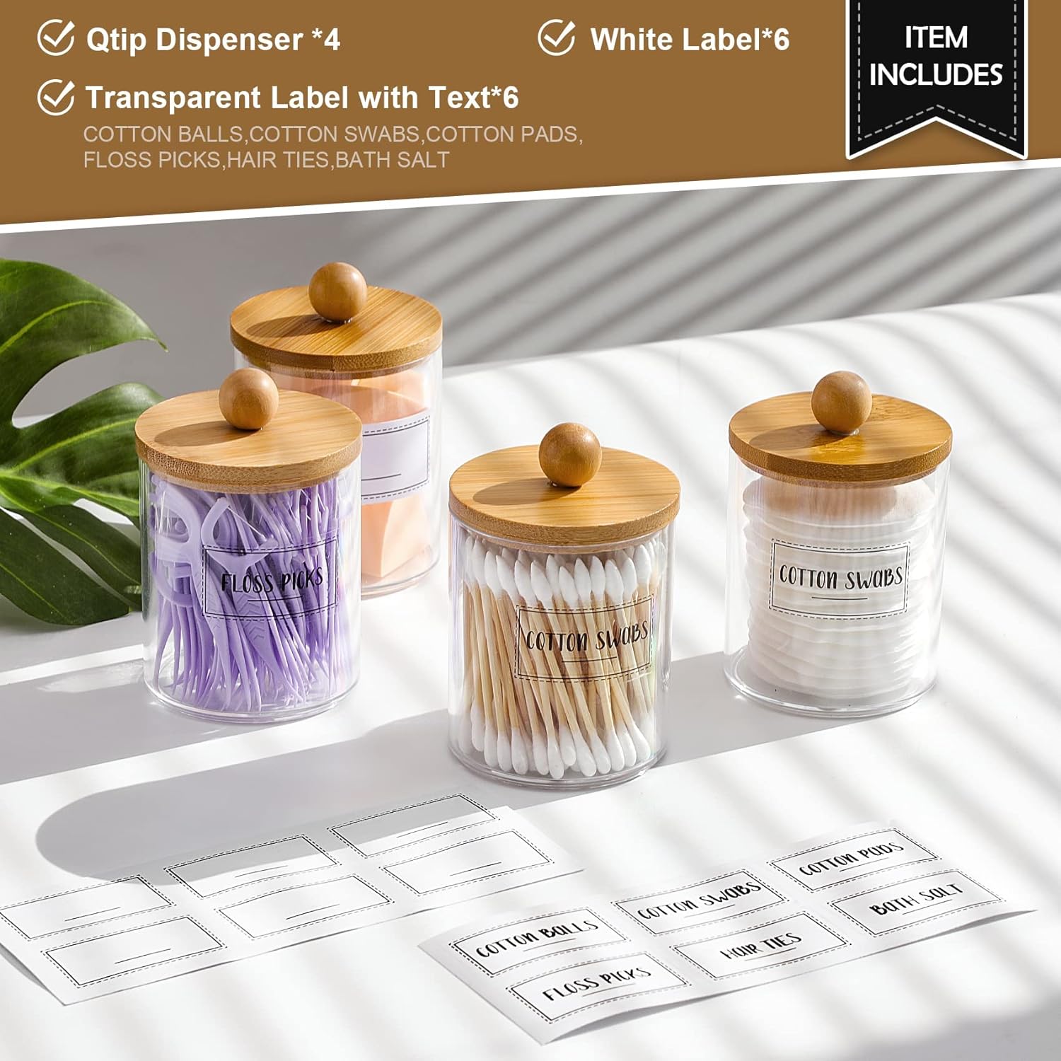 4 Pack Q Tip Holder Dispenser with Bamboo Lids