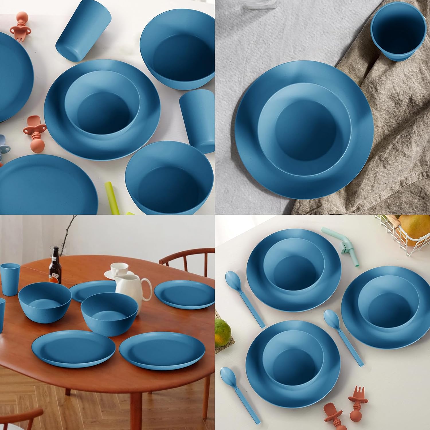 24pcs Wheat Straw Dinnerware Set for 4 Blue
