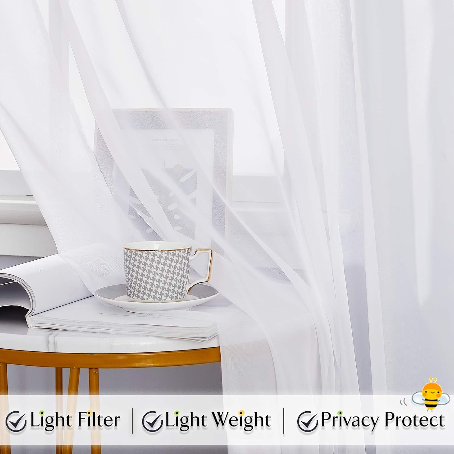 RYB HOME White Sheer Curtains 2 Panels for Canopy Bed
