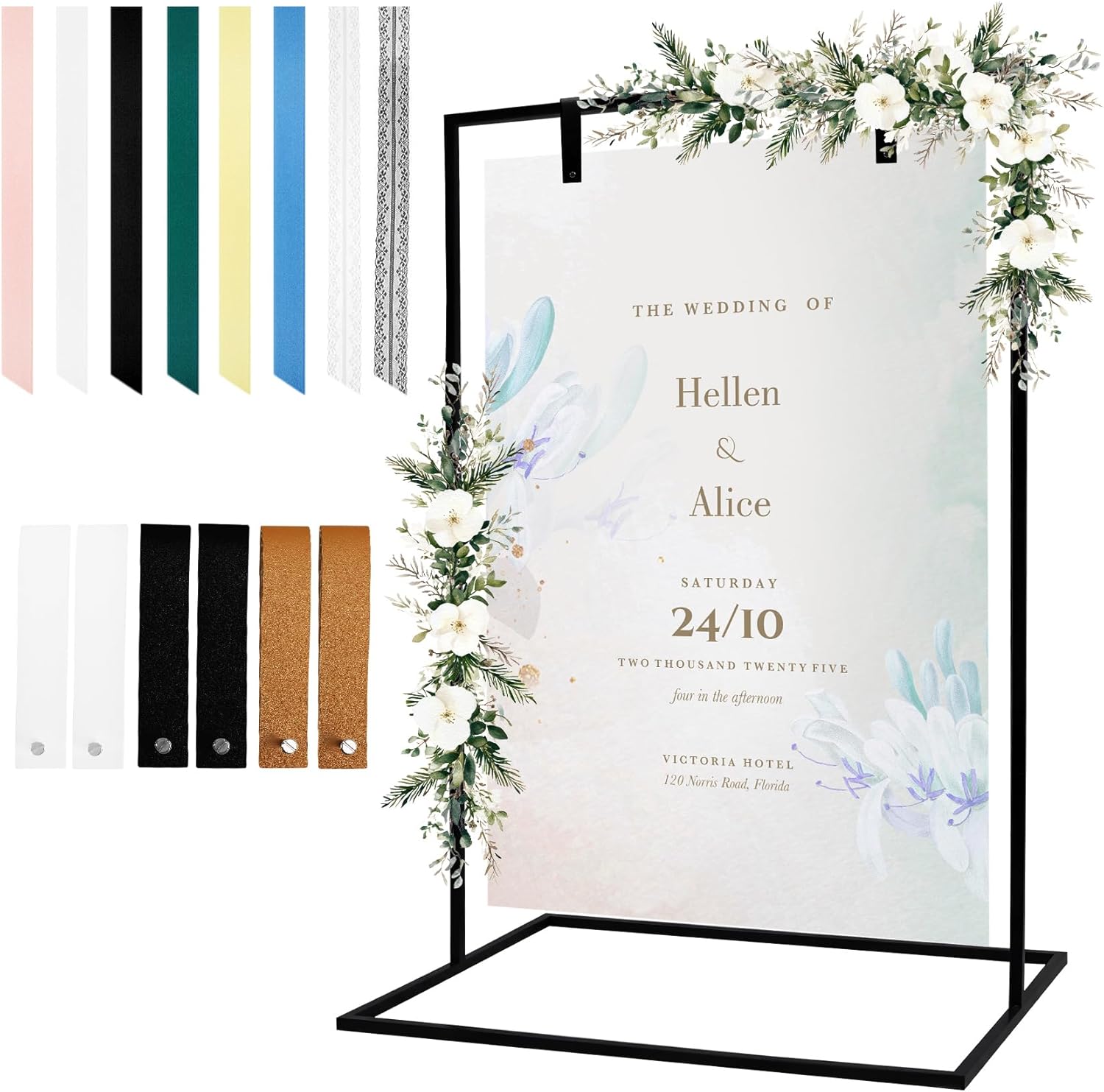 Elegant Adjustable Wedding Welcome Sign Stand with Satin Ribbon and Leather Strap