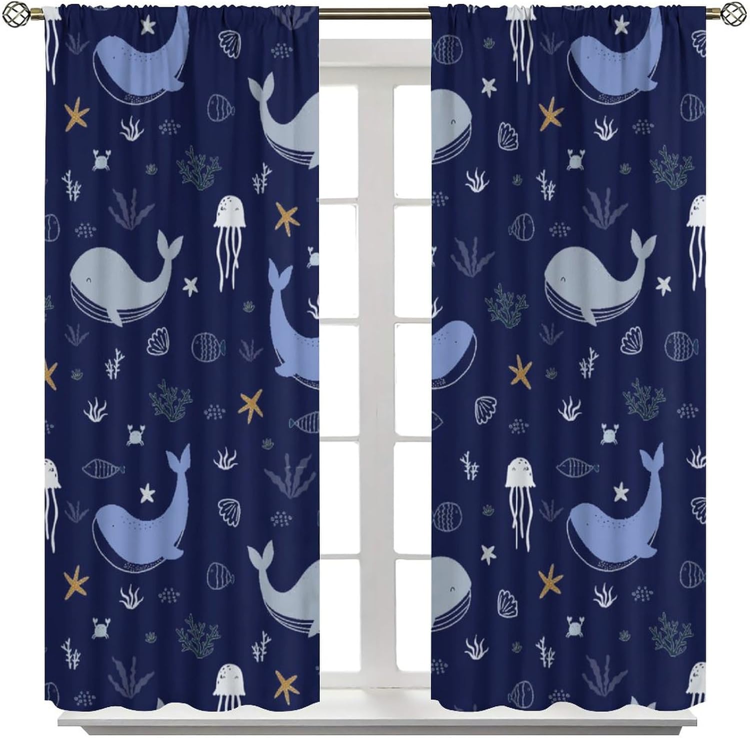 Whale Window Curtains for Kids Cartoon Jellyfish 42x63in 2 Panels