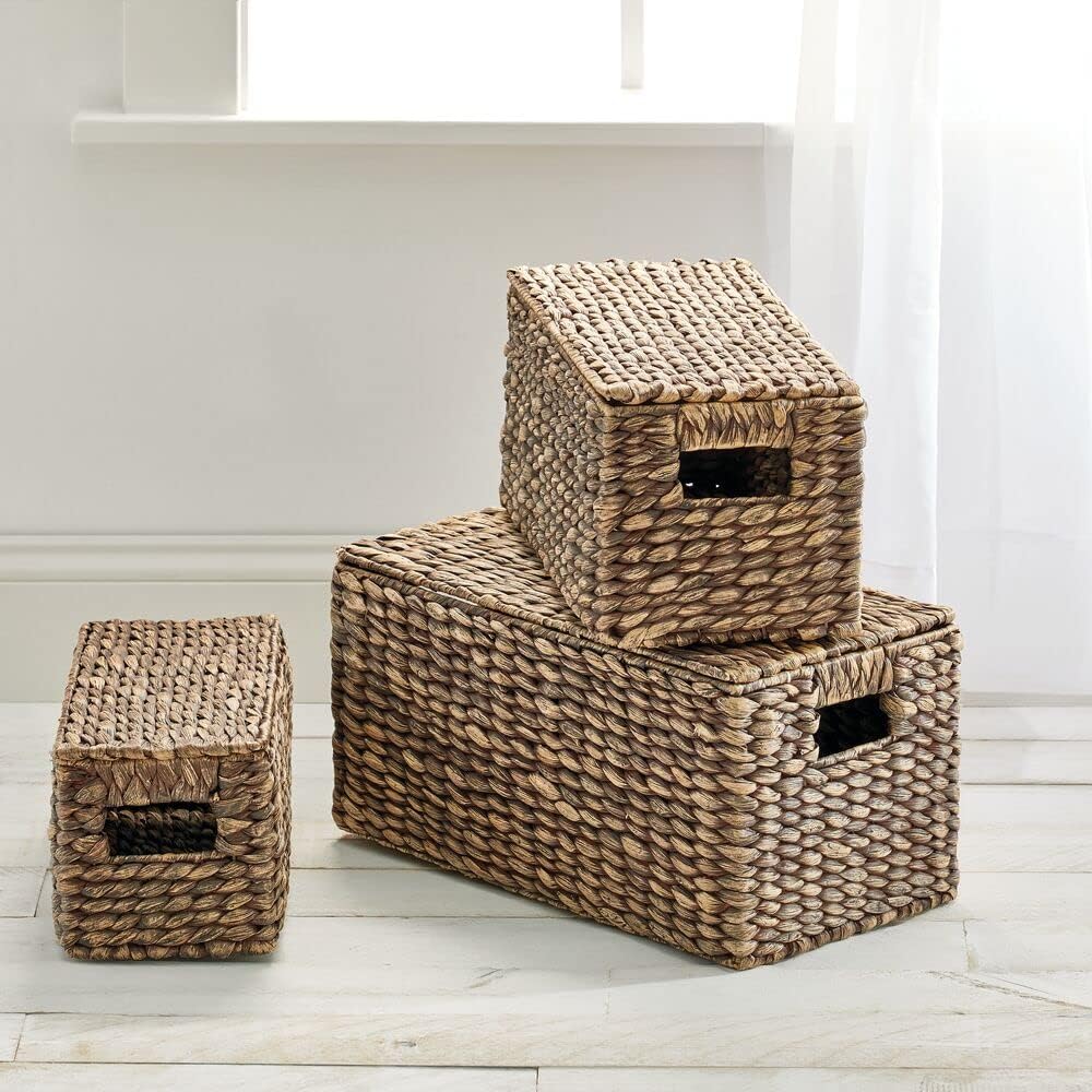 mDesign Woven Water Hyacinth Storage Baskets Set of 3 Dark Brown