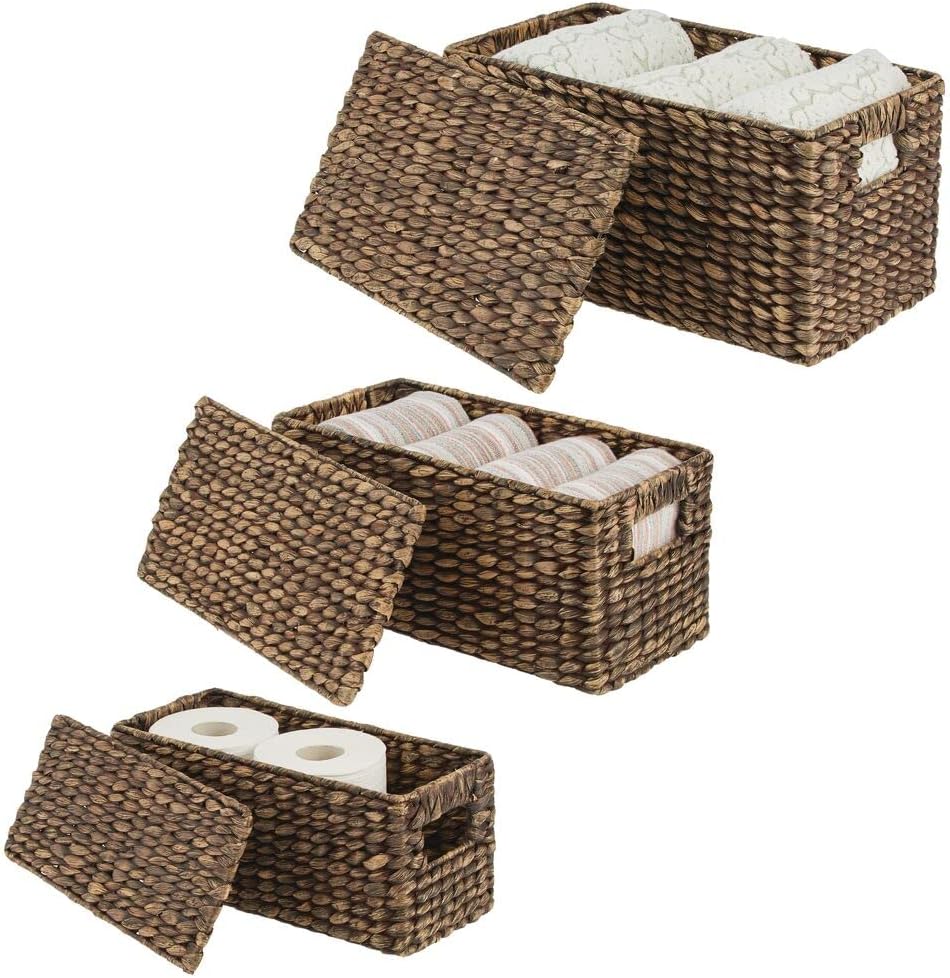 mDesign Woven Water Hyacinth Storage Baskets Set of 3 Dark Brown