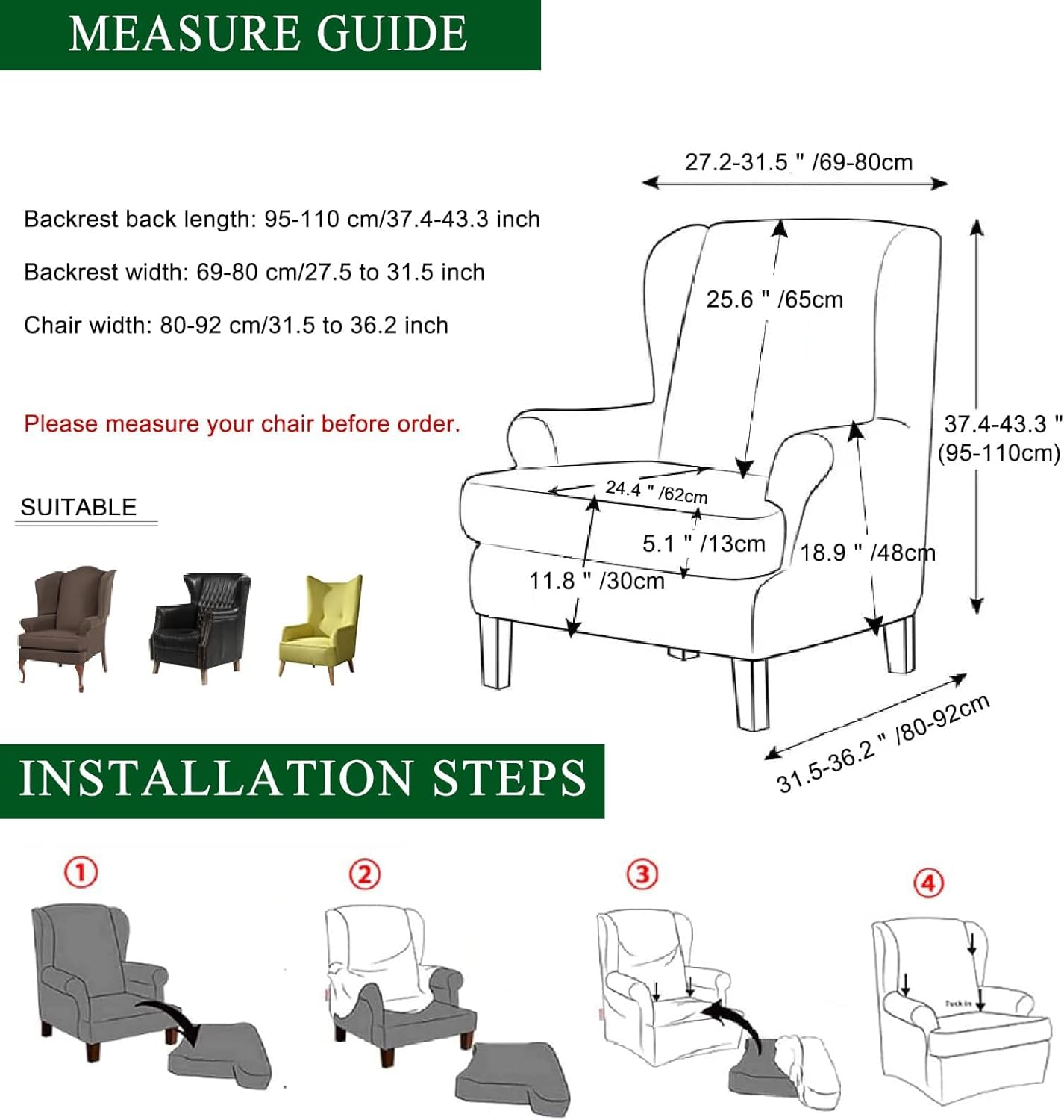 CRFATOP 2 Piece Wingback Chair Slipcovers with Elastic Bottom