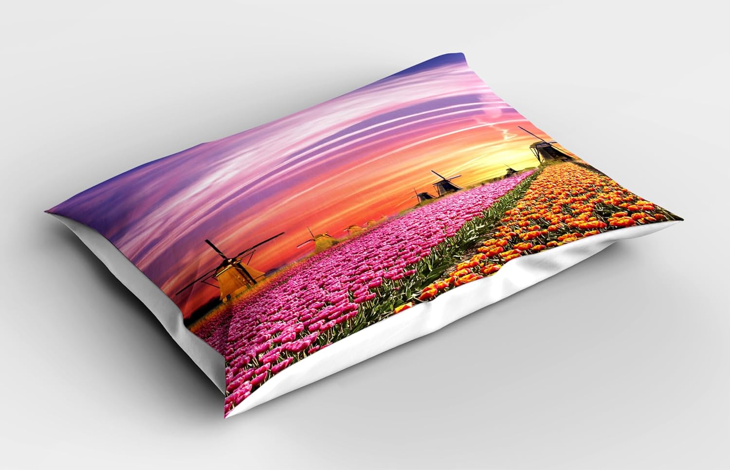 Ambesonne Nature Pillow Sham Set of 2 Tulip Fields Windmills Sunset