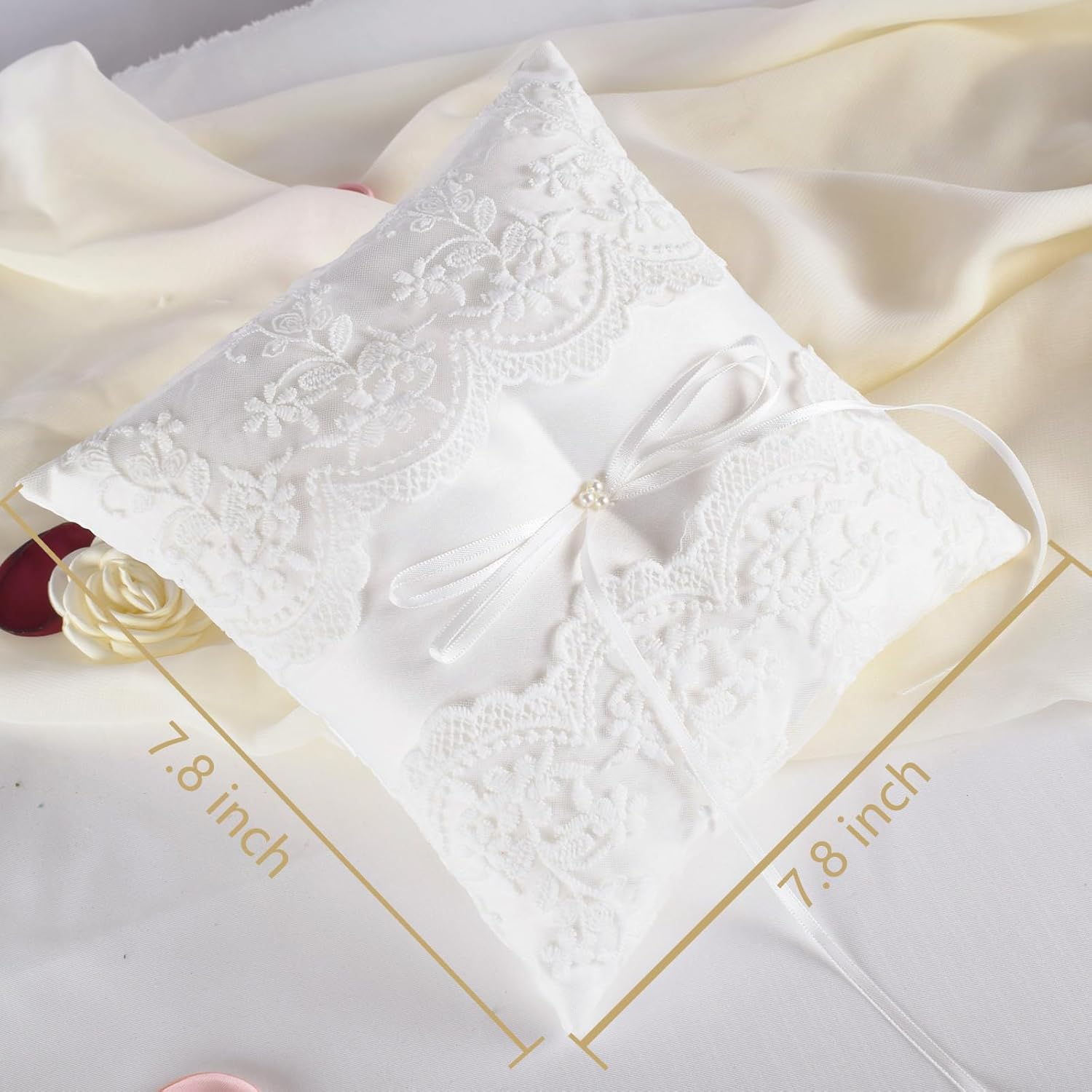 ATAILOVE Wedding Ring Pillow Ivory Lace Pearl Bearer Cushion