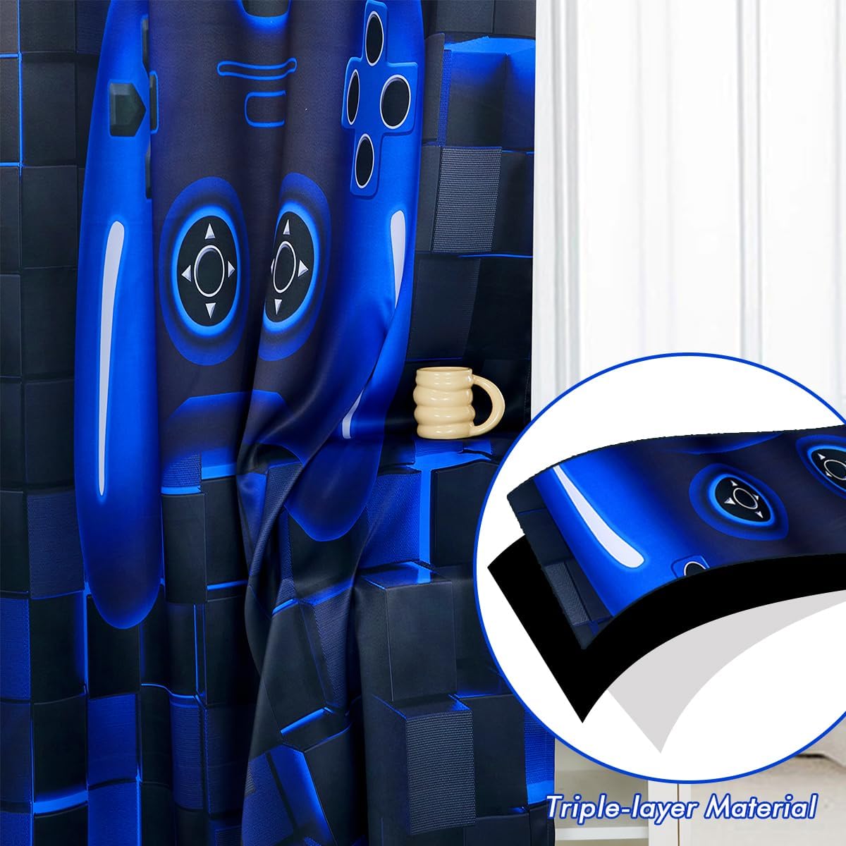 PERFEMET Gamer Curtains 2 Panels Black Blue