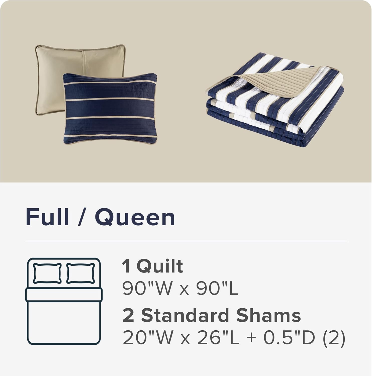 Comfort Spaces Quilt Set Verone White Blue Stripe 3 Piece