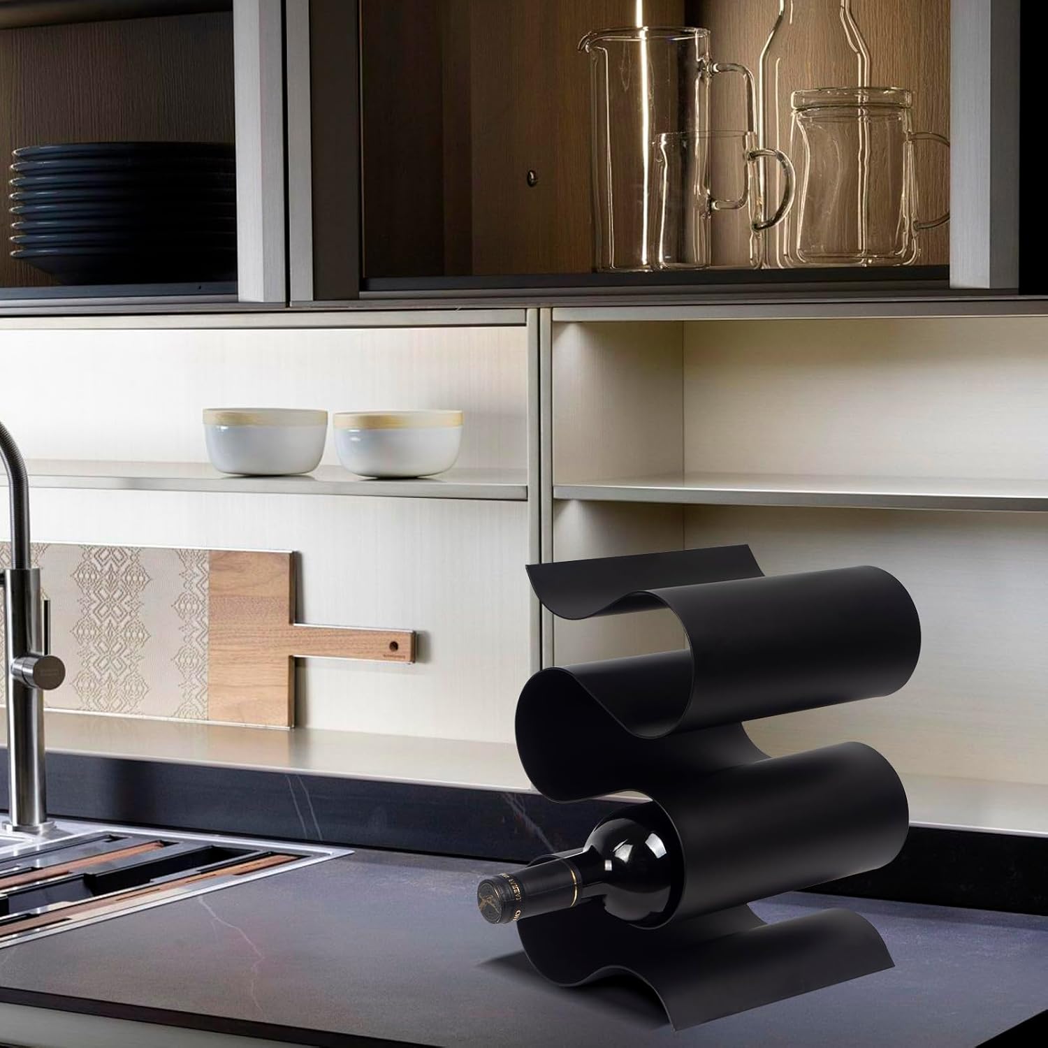Modern Black S-Shaped Tabletop Wine Rack 5 Bottle