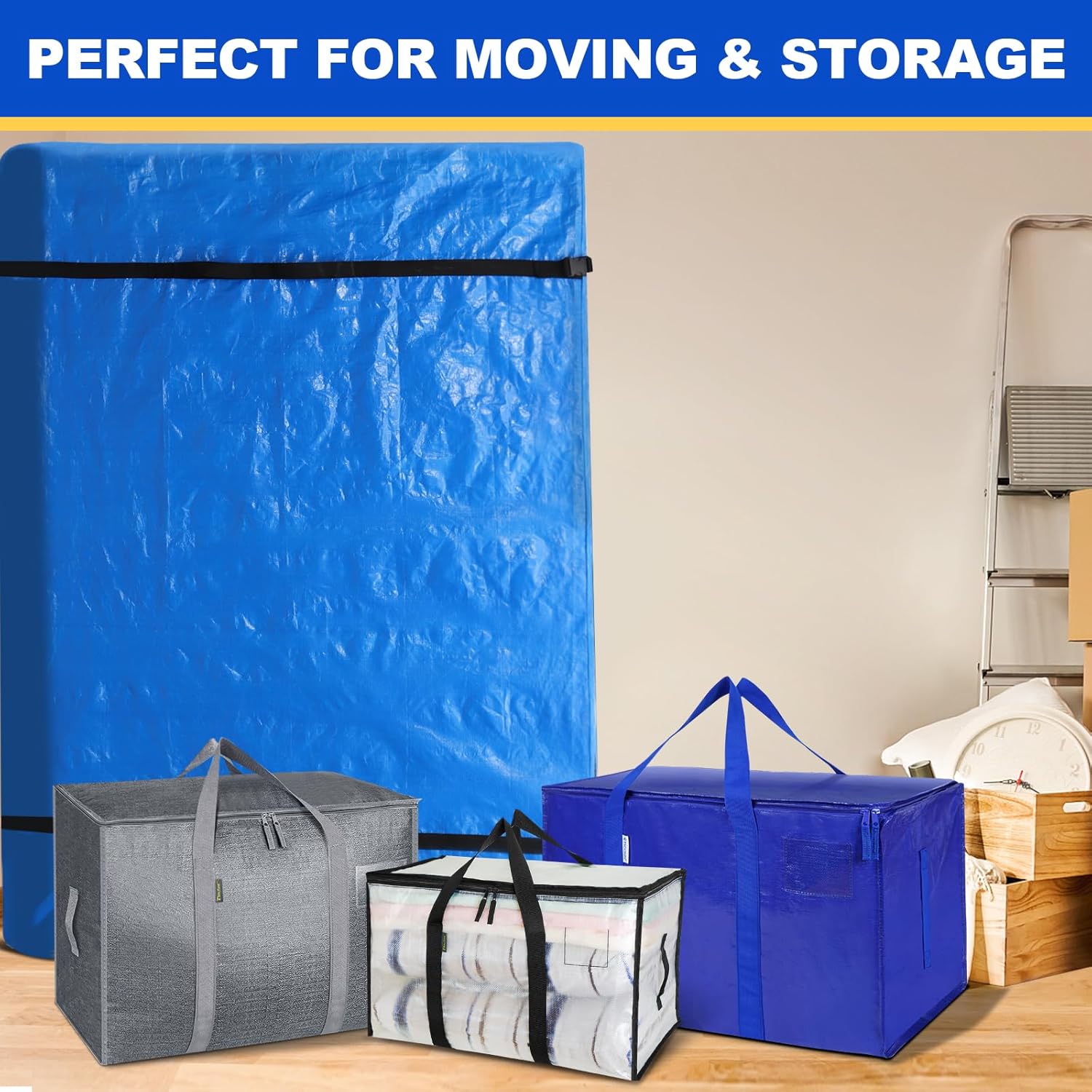 Ticonn Heavy Duty Queen Mattress Cover Bag with Handle and Buckles Blue