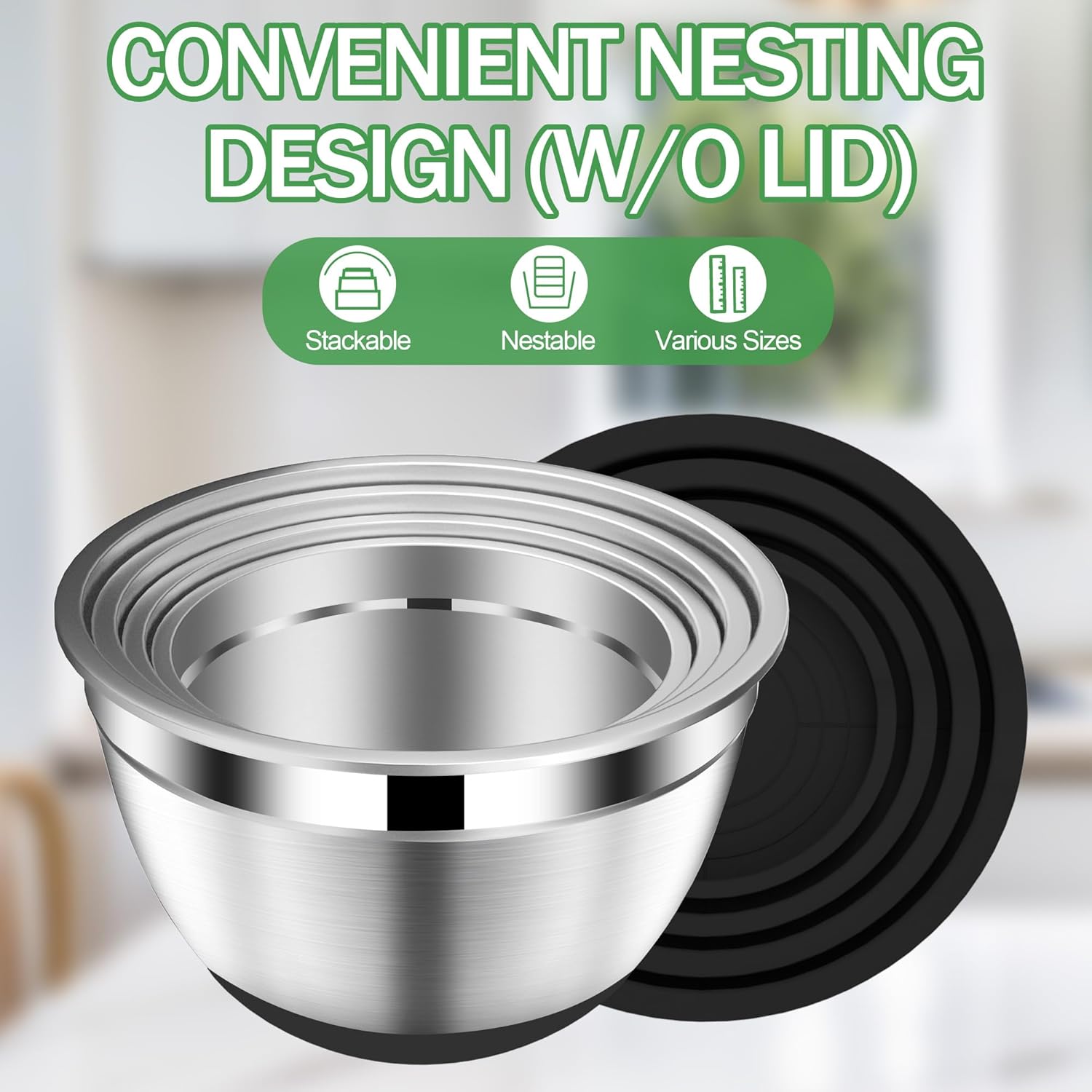 DUTZUN Stainless Steel Mixing Bowls with Lids Set - 4 25 2 15QT Black
