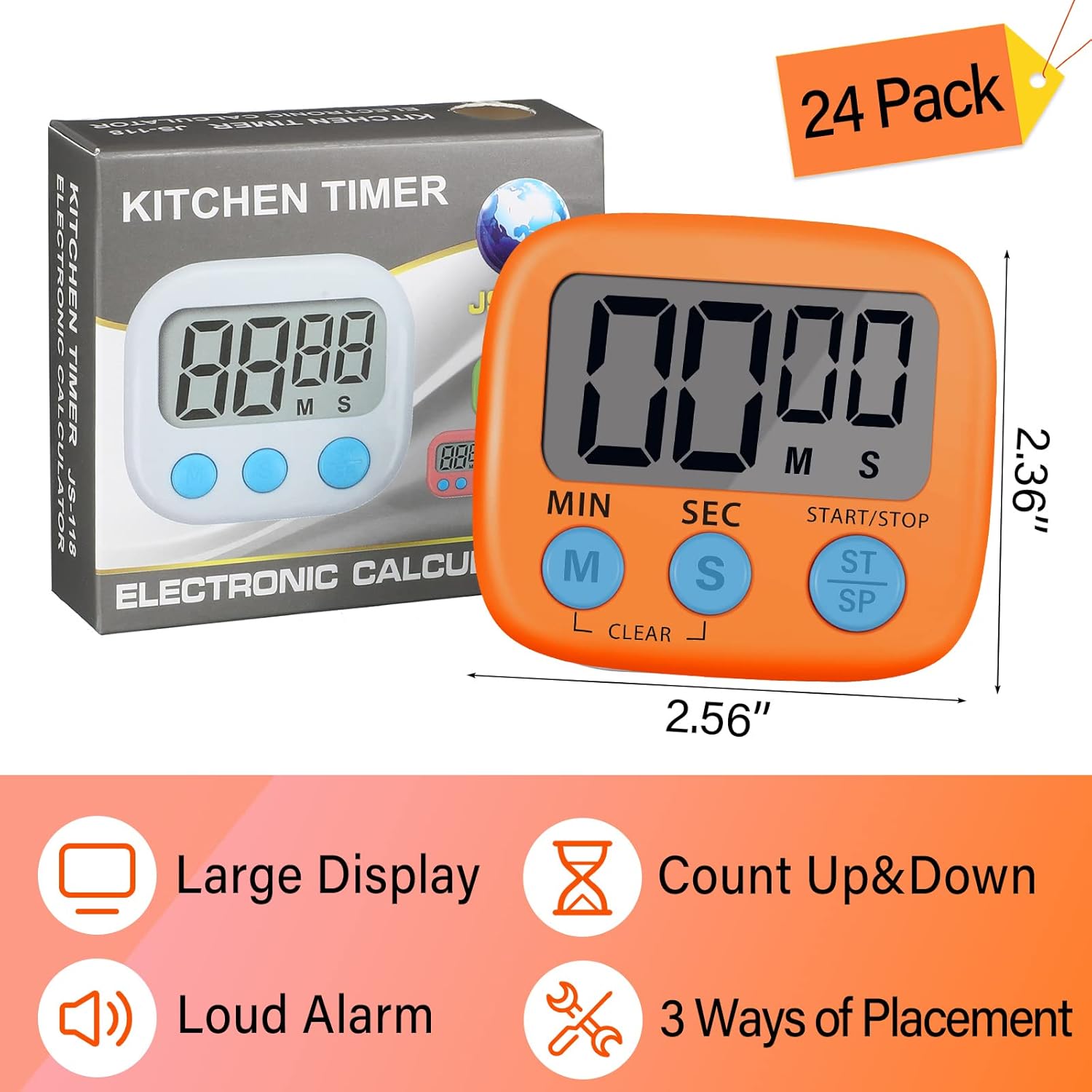 24 Piece Digital Timer Set with Magnetic Display and Loud Alarm - Pink Orange
