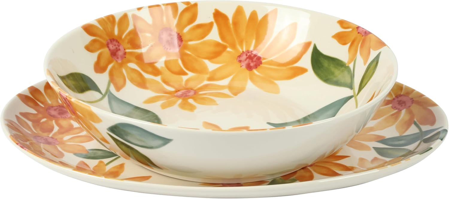 Sunnyflower 2 Piece Hand Painted Floral Stoneware Serving Set