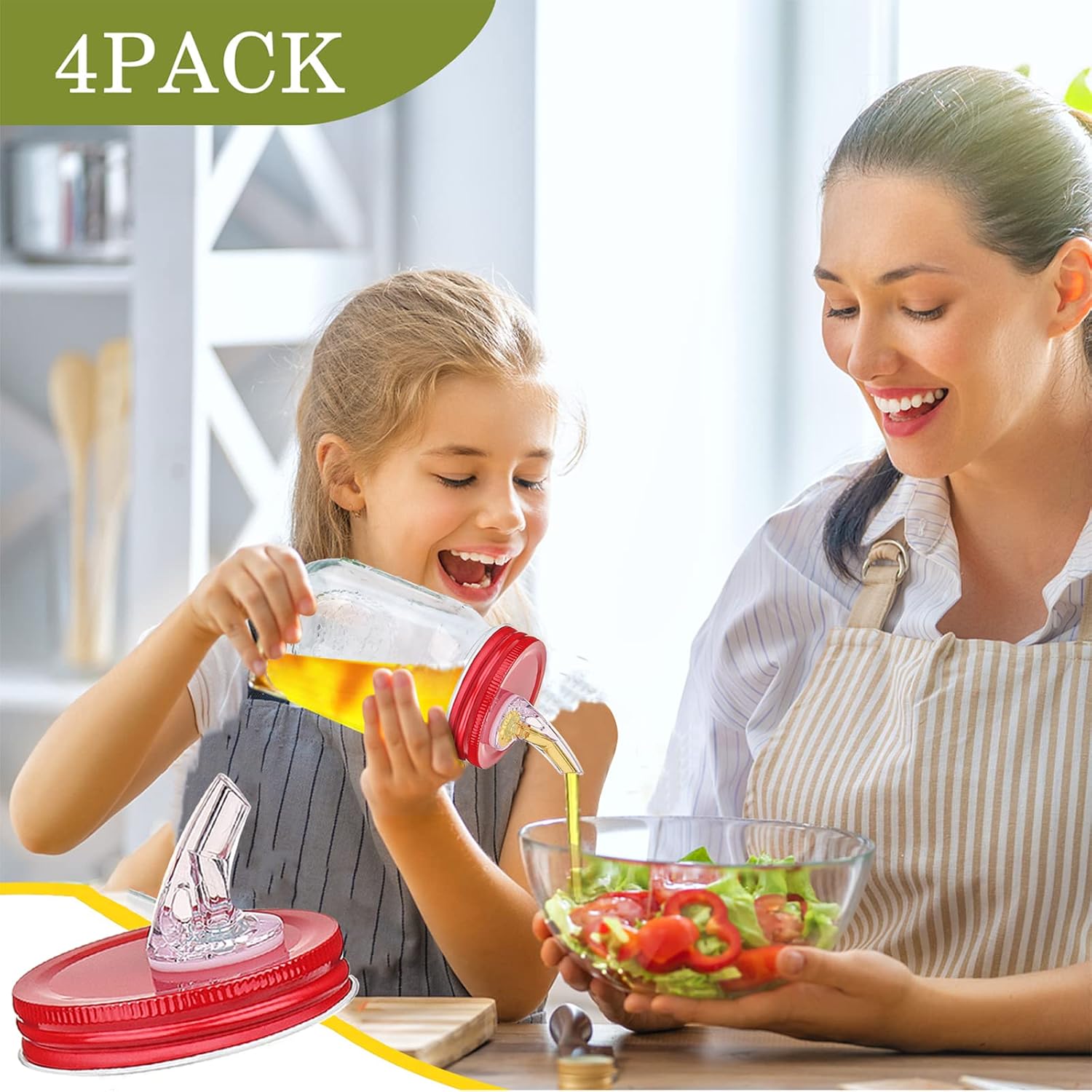 Free Flow Mason Jar Pour Spouts 4-Pack with Red Lids