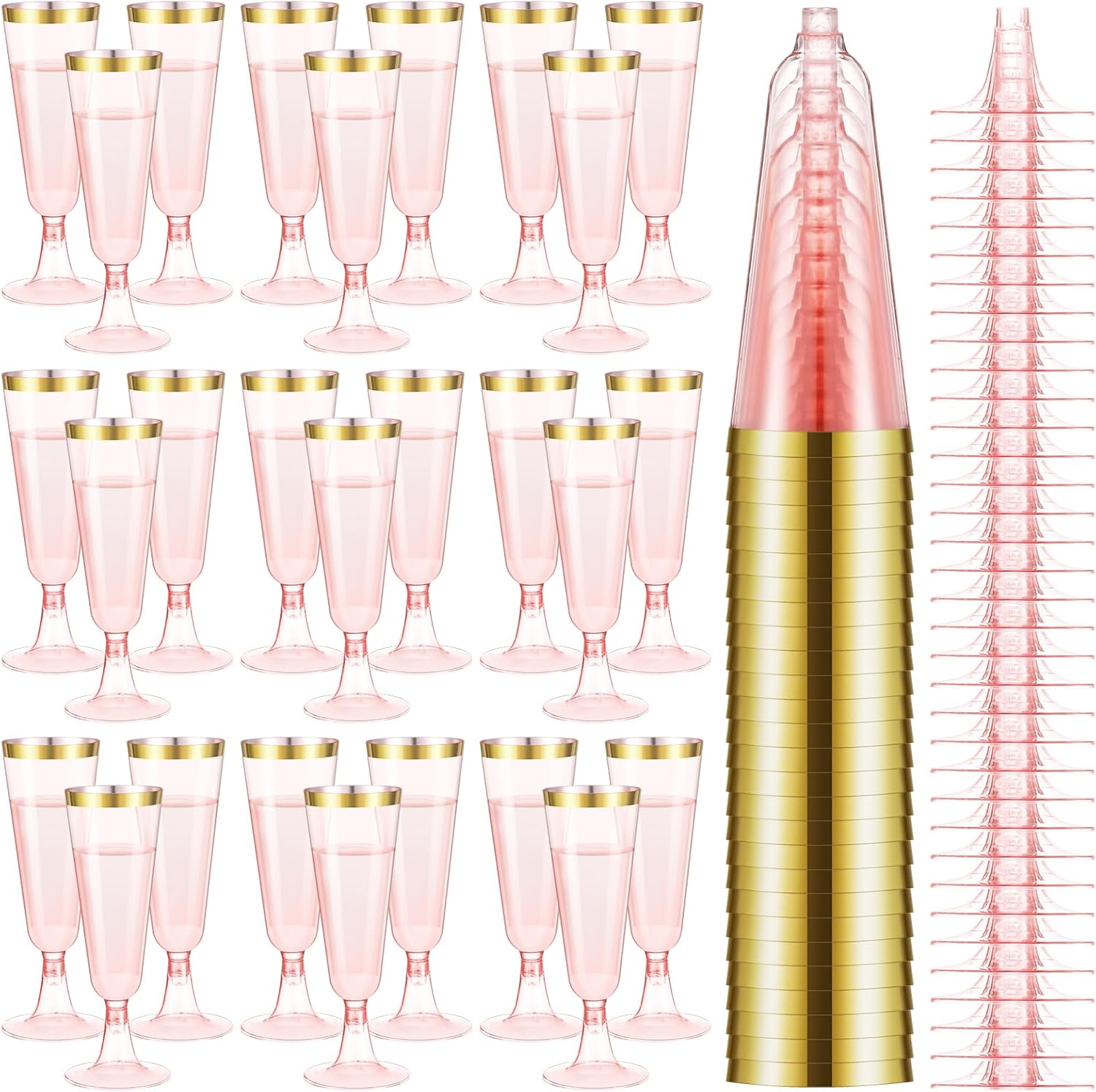 Dandat 100 Pcs Pink Plastic Champagne Flutes with Gold Rim