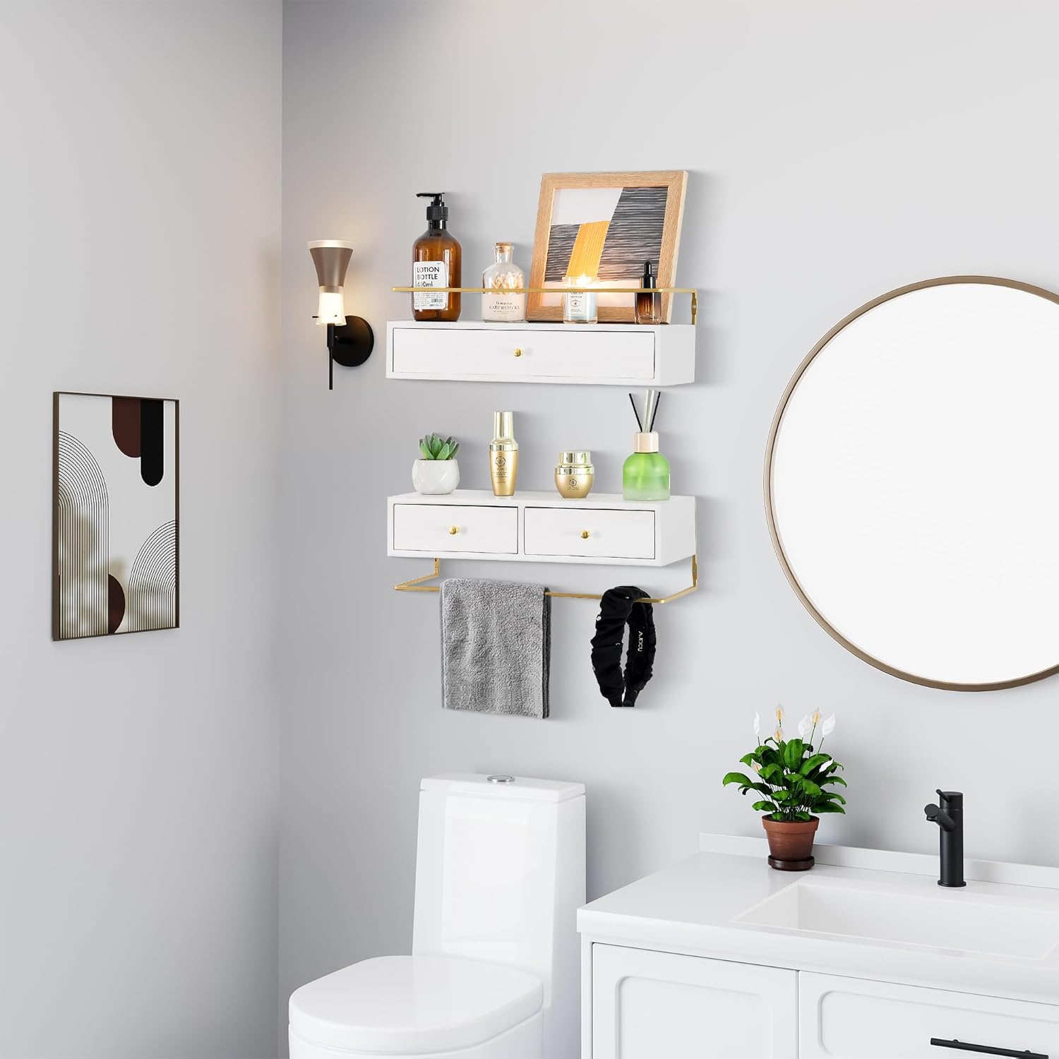 Rustic Floating Shelves with Drawer Set of 2