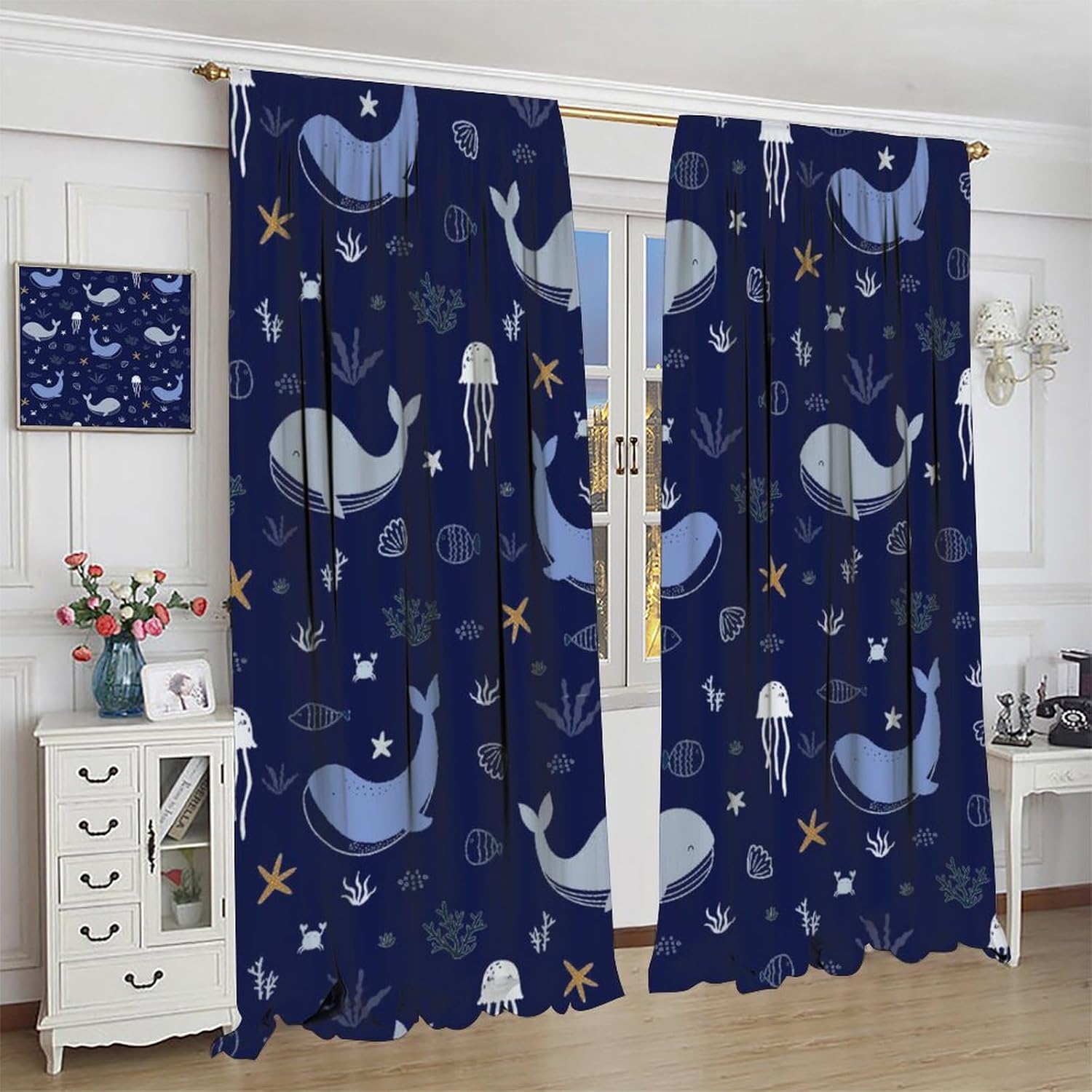 Whale Window Curtains for Kids Cartoon Jellyfish 42x63in 2 Panels