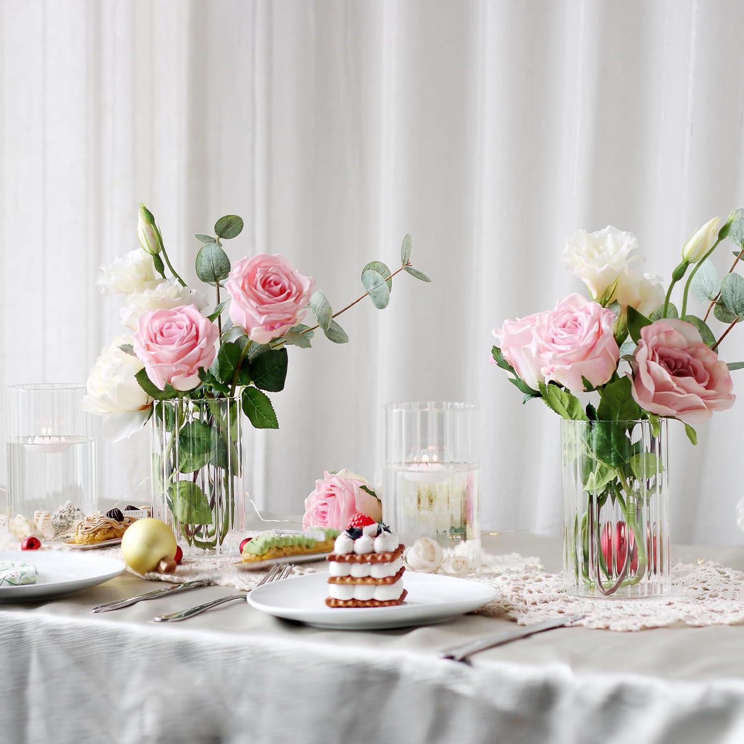 12Pcs Clear Ribbed Glass Cylinder Vases for Centerpieces