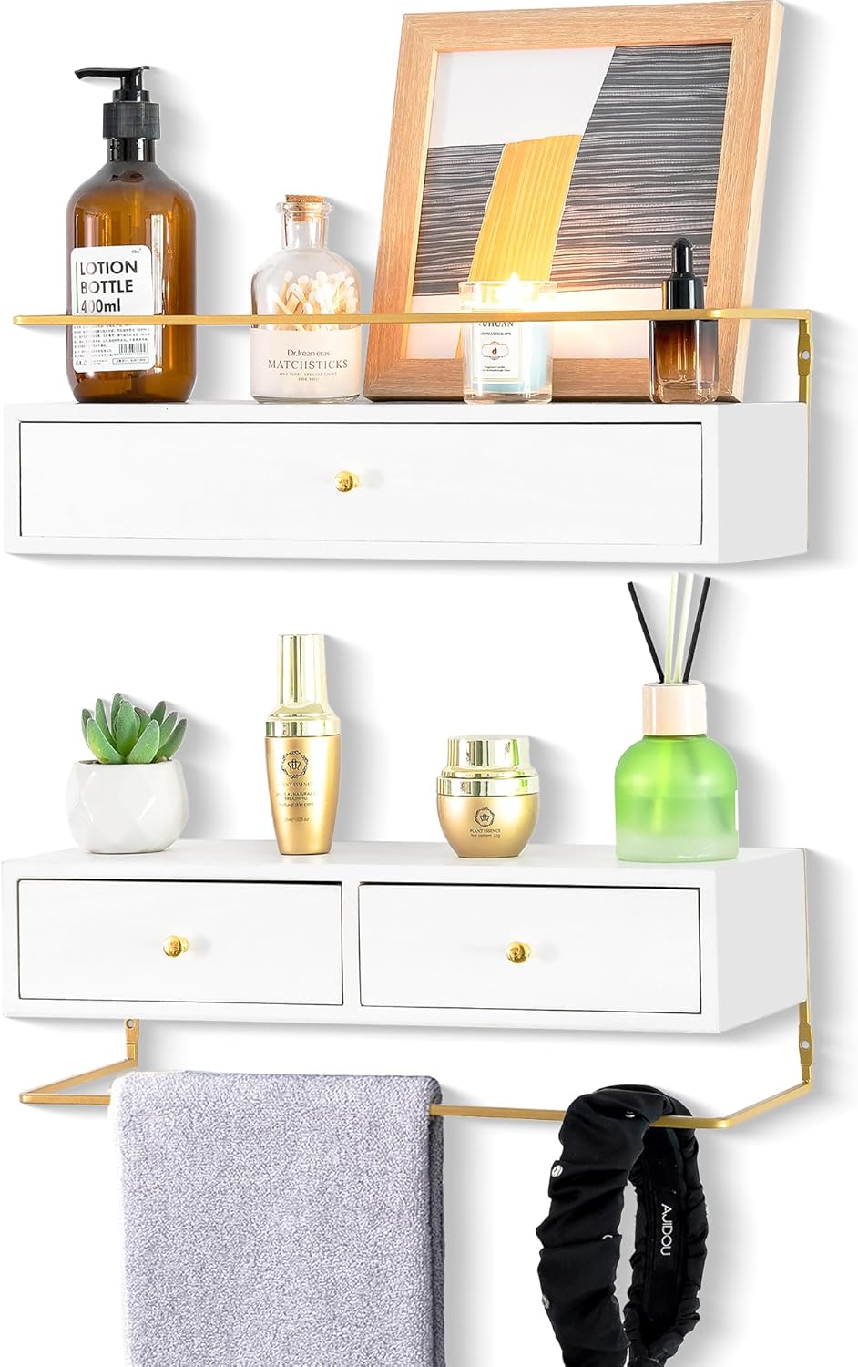Rustic Floating Shelves with Drawer Set of 2