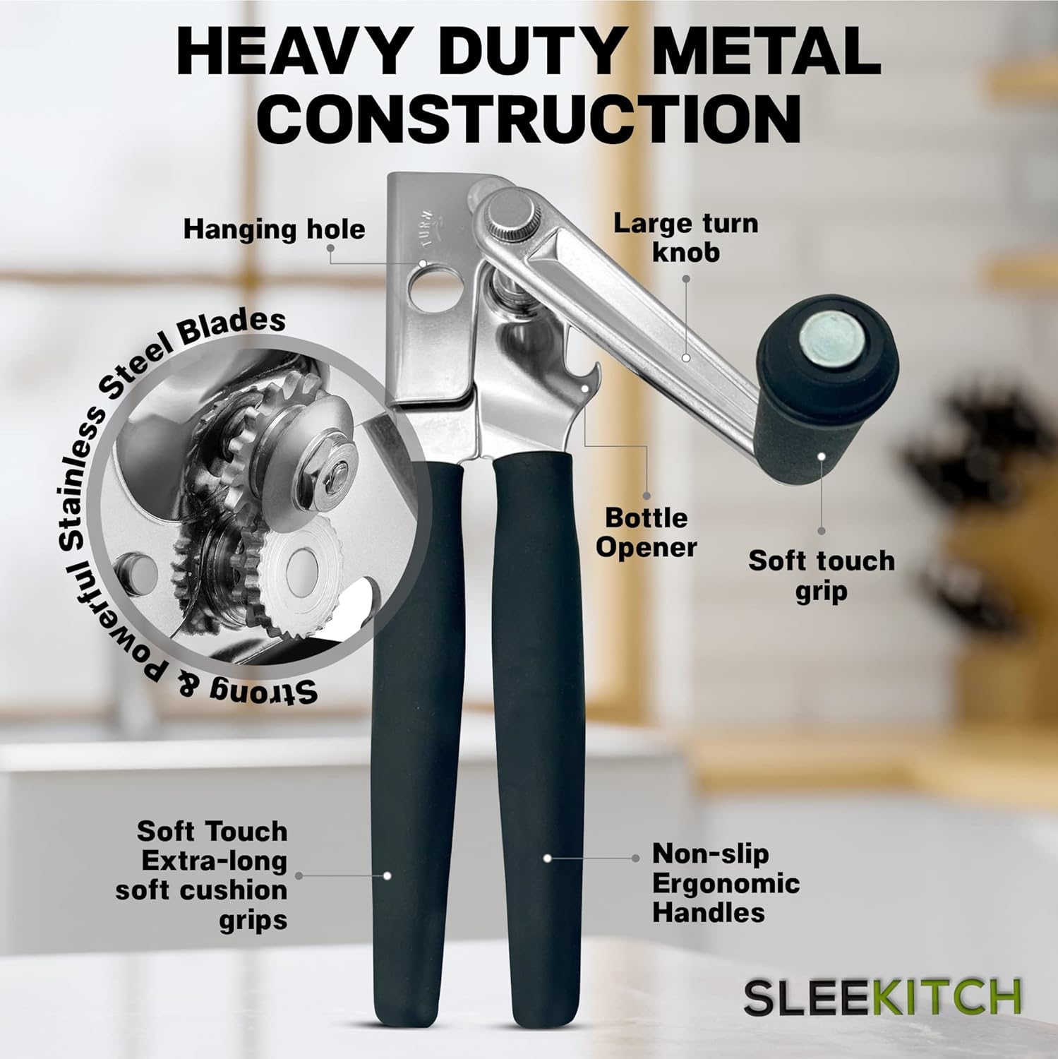 Sleekitch Heavy Duty Manual Can Opener With Bottle Opener Hook