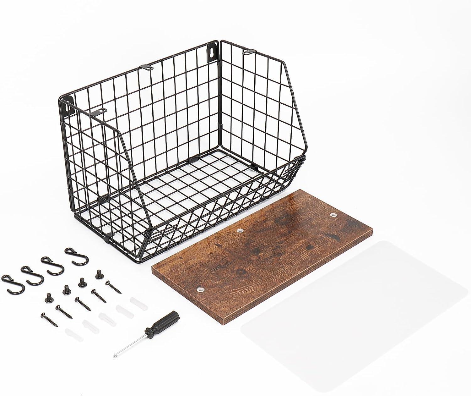 Livabber Metal Fruit Basket with Wood Shelf and 4 S-Hooks