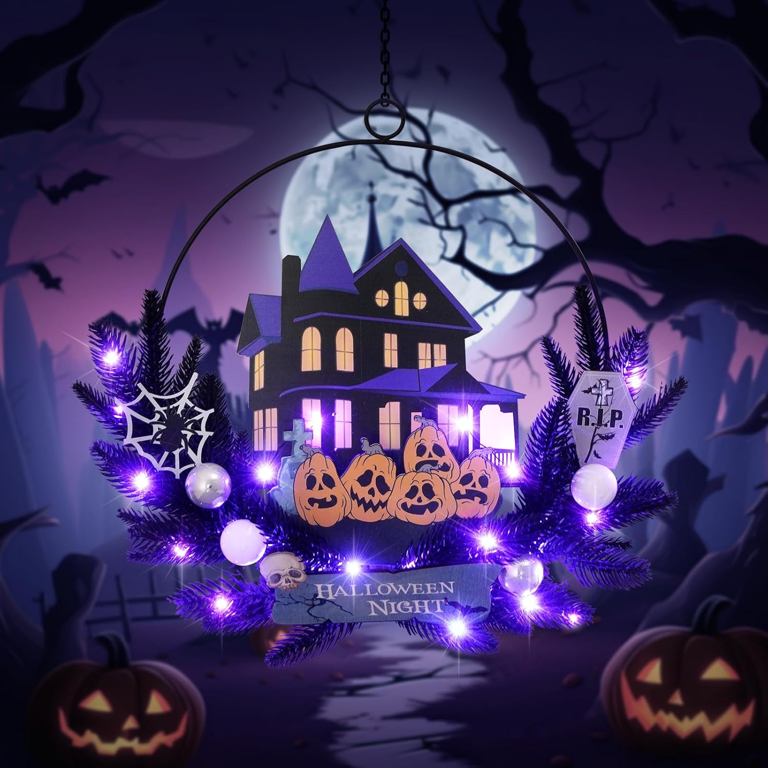 Lighted Halloween Wreath for Front Door
