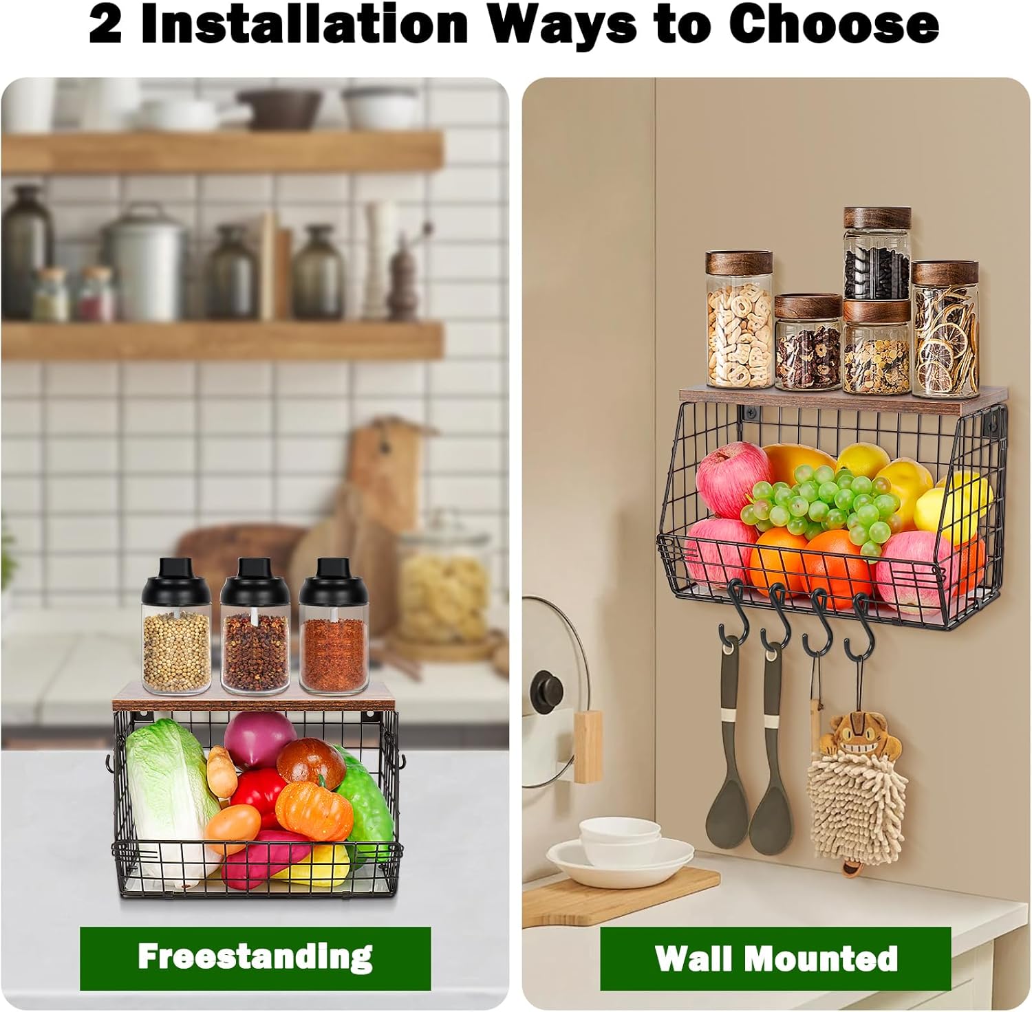 Livabber Metal Fruit Basket with Wood Shelf and 4 S-Hooks