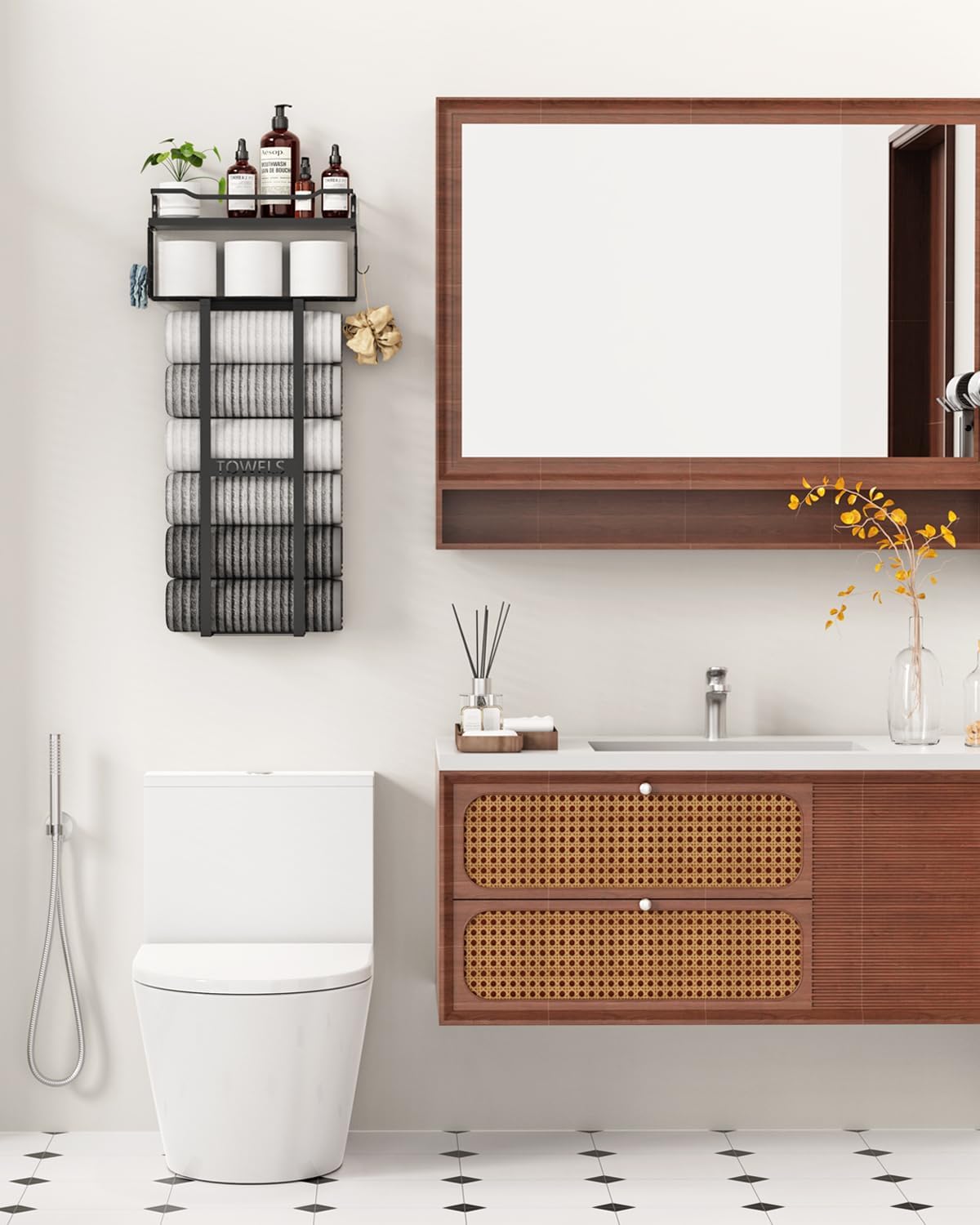 Sturdy Metal Towel Rack with Wood Shelf - All Black