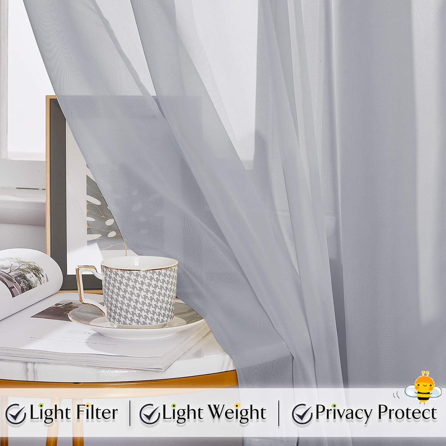 RYB HOME Sheer Curtains Valances - 2 Panels Dove Grey