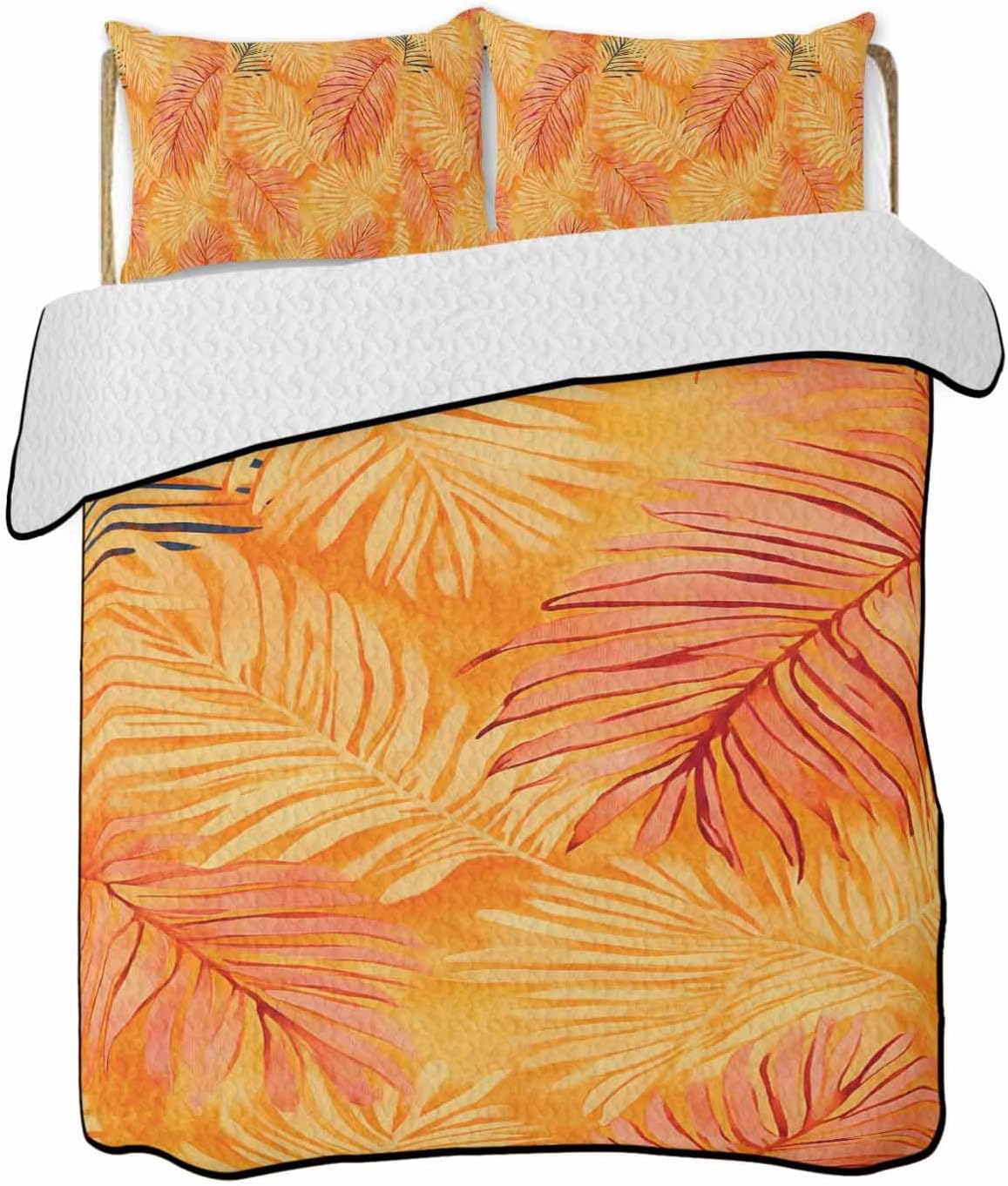 Orange Leaf Tropical Quilt Bedding Set King Size 3 Piece
