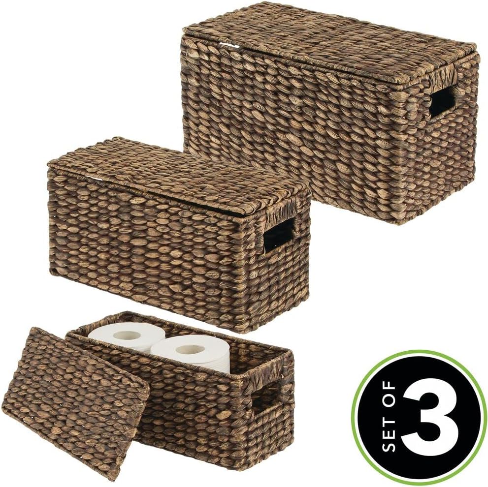 mDesign Woven Water Hyacinth Storage Baskets Set of 3 Dark Brown