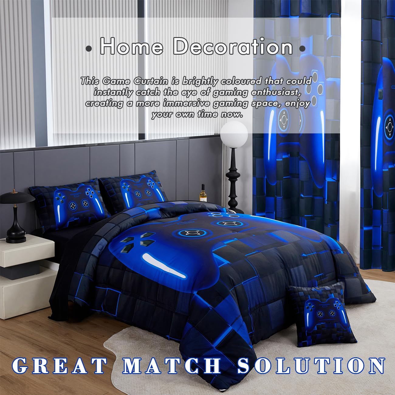 PERFEMET Gamer Curtains 2 Panels Black Blue