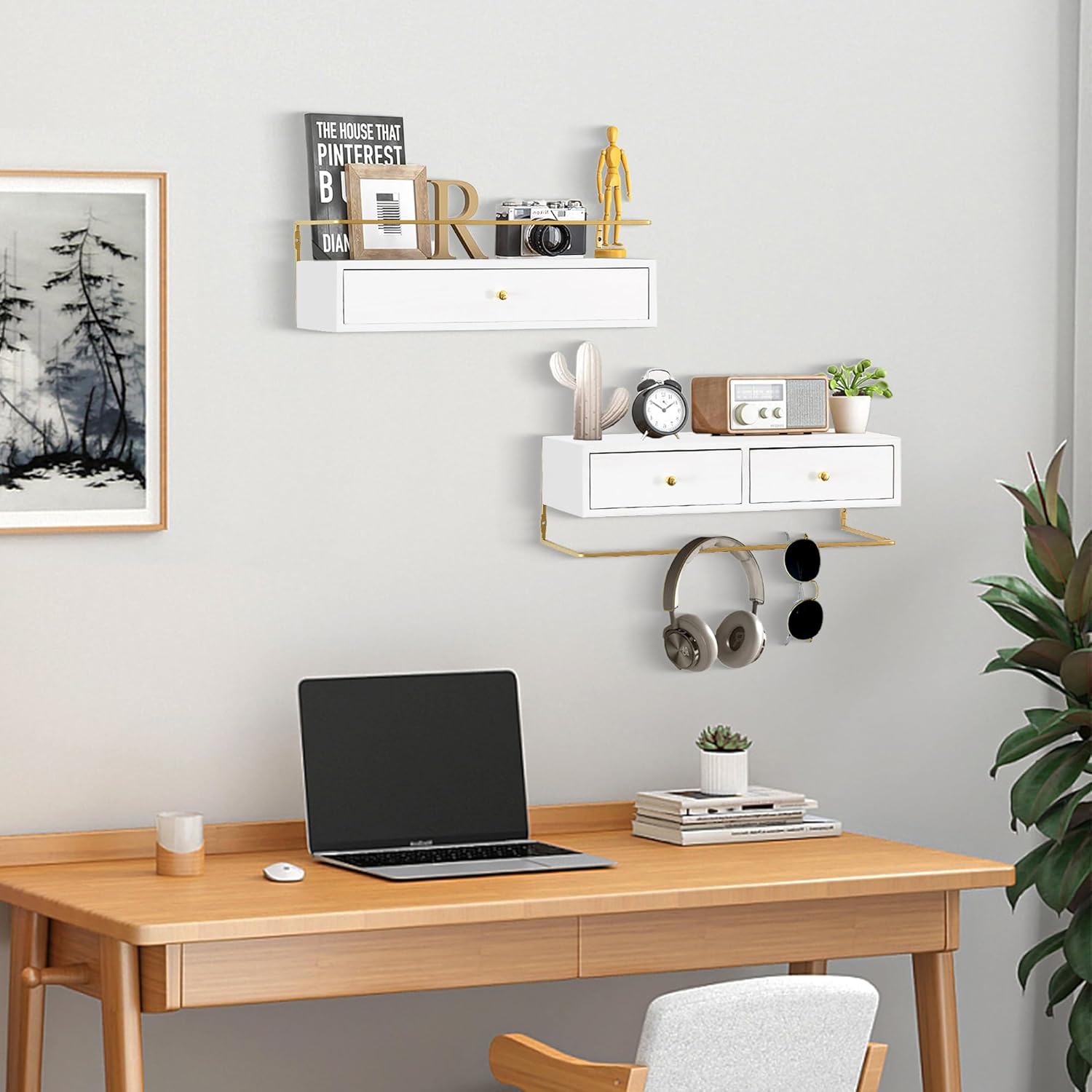 Rustic Floating Shelves with Drawer Set of 2