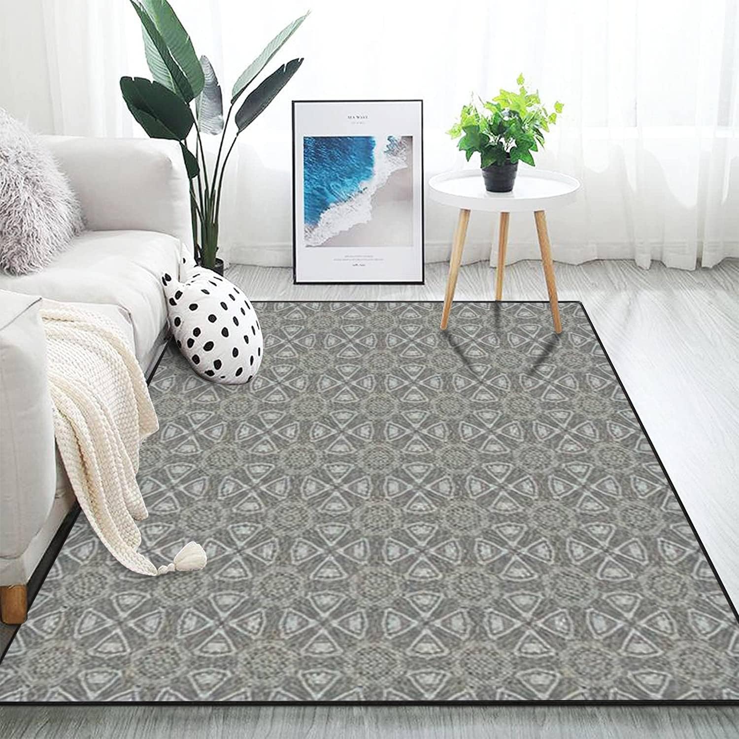Modern Kids Playroom Dark Blue Denim Rug with Ornate Floral Design