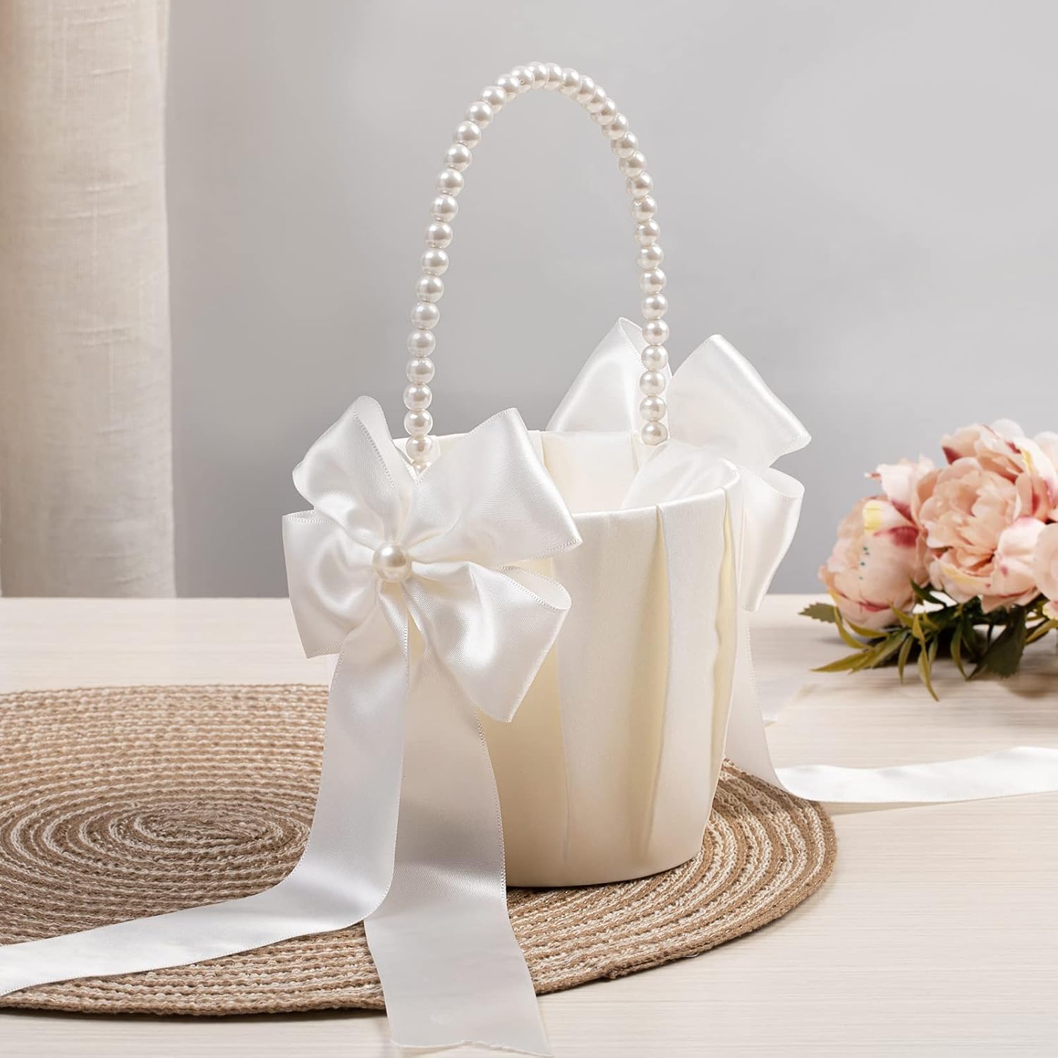 Ivory Flower Girl Baskets With Pearl Handles Set of 2
