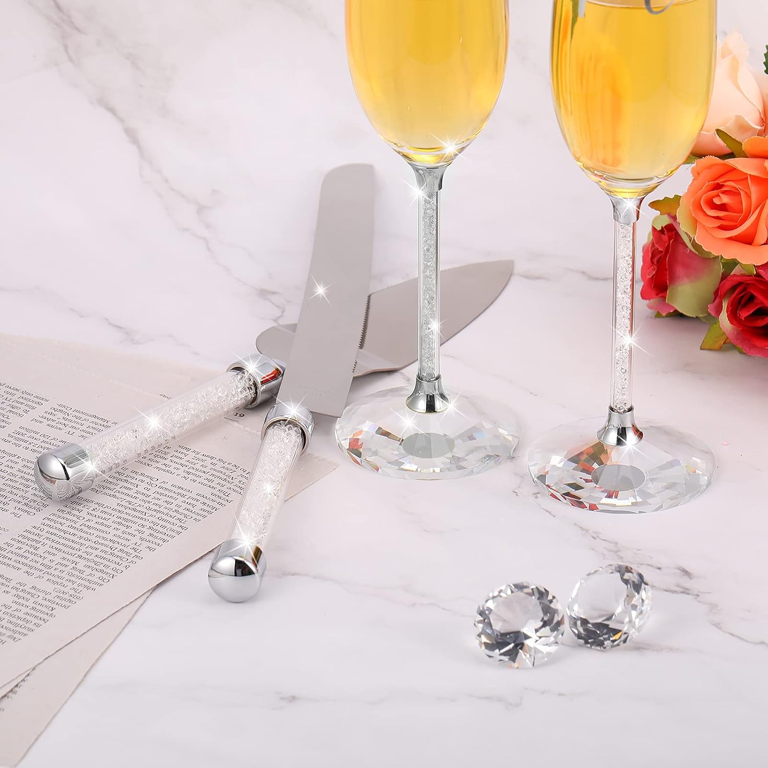 4 Piece Wedding Cake Knife and Champagne Flutes Server Set