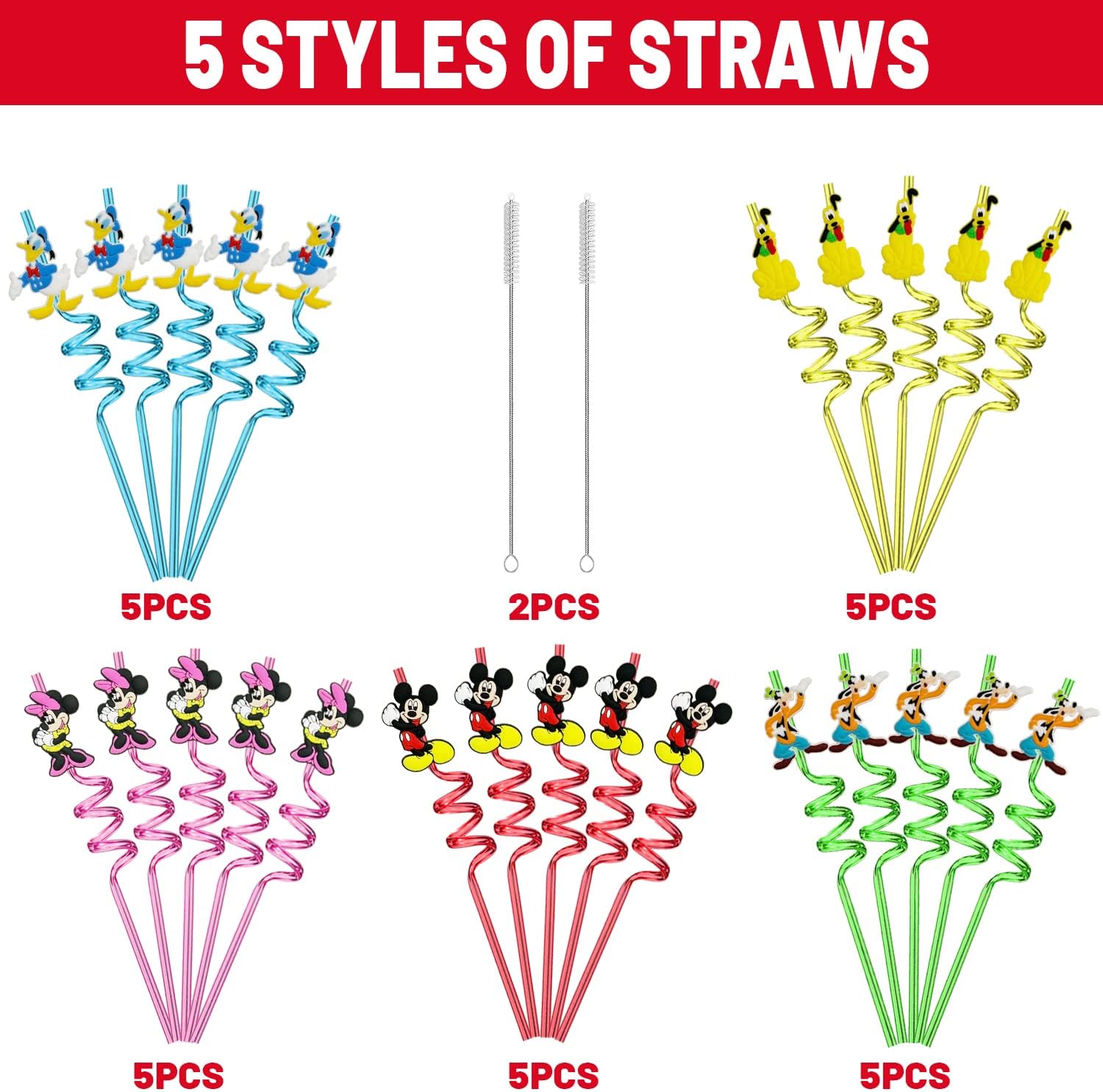 25 Piece Mouse Straws with Cleaning Brushes for Parties