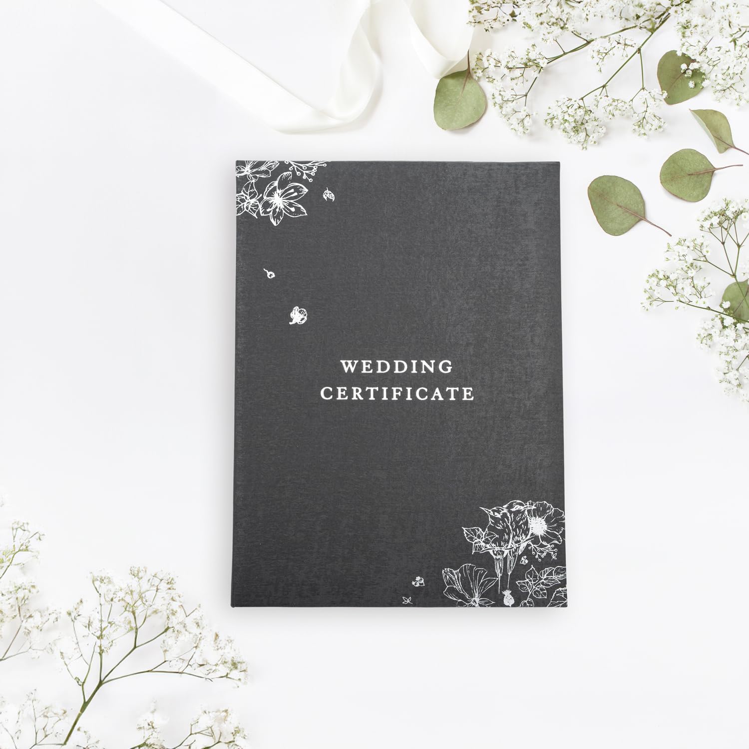 Happy Homewares Graphite Black Satin Wedding Certificate Holder with Silver Foil Flowers
