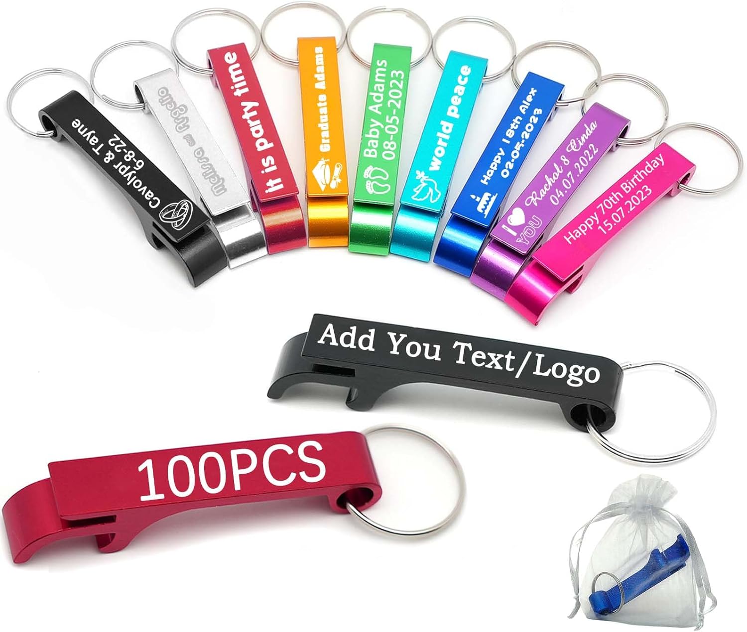 100pcs Personalized Aluminum Bottle Opener Keychain