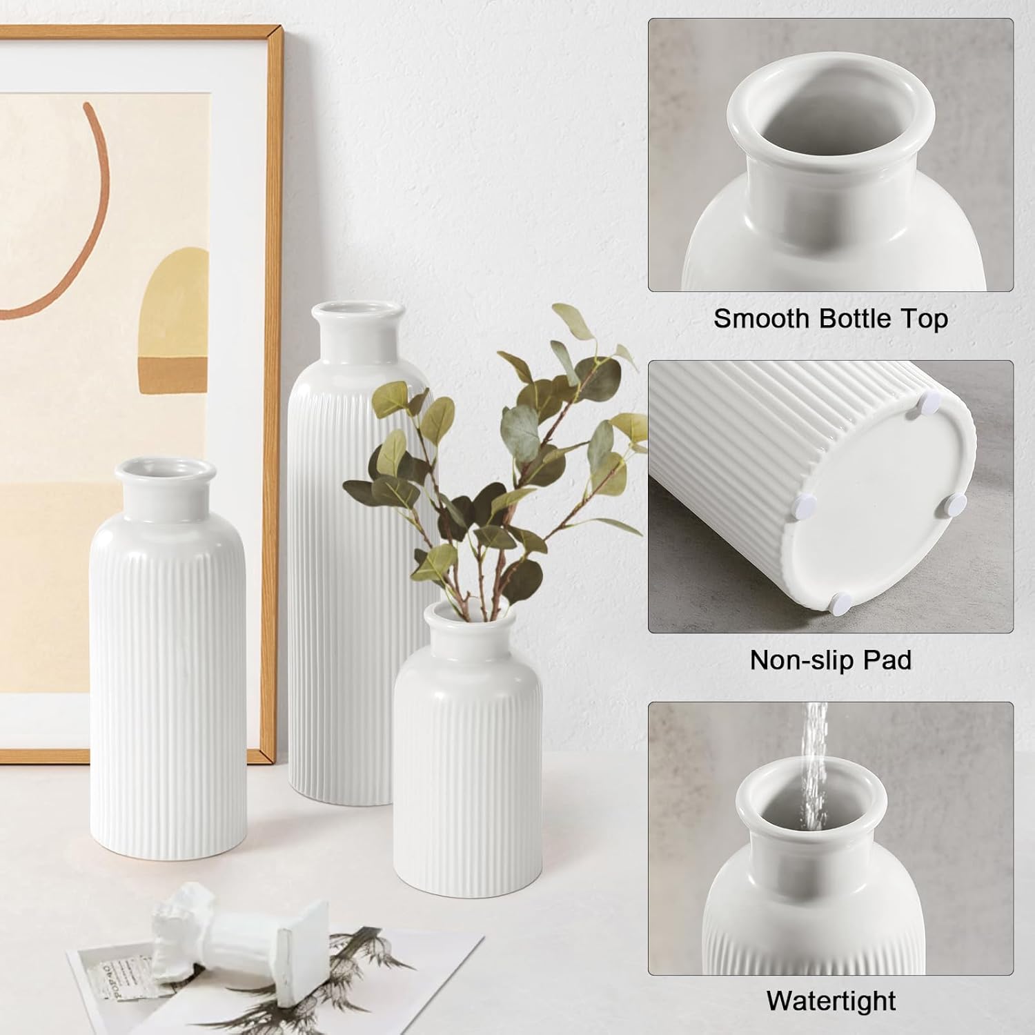 White Ceramic Vase Set of 3 Boho Modern